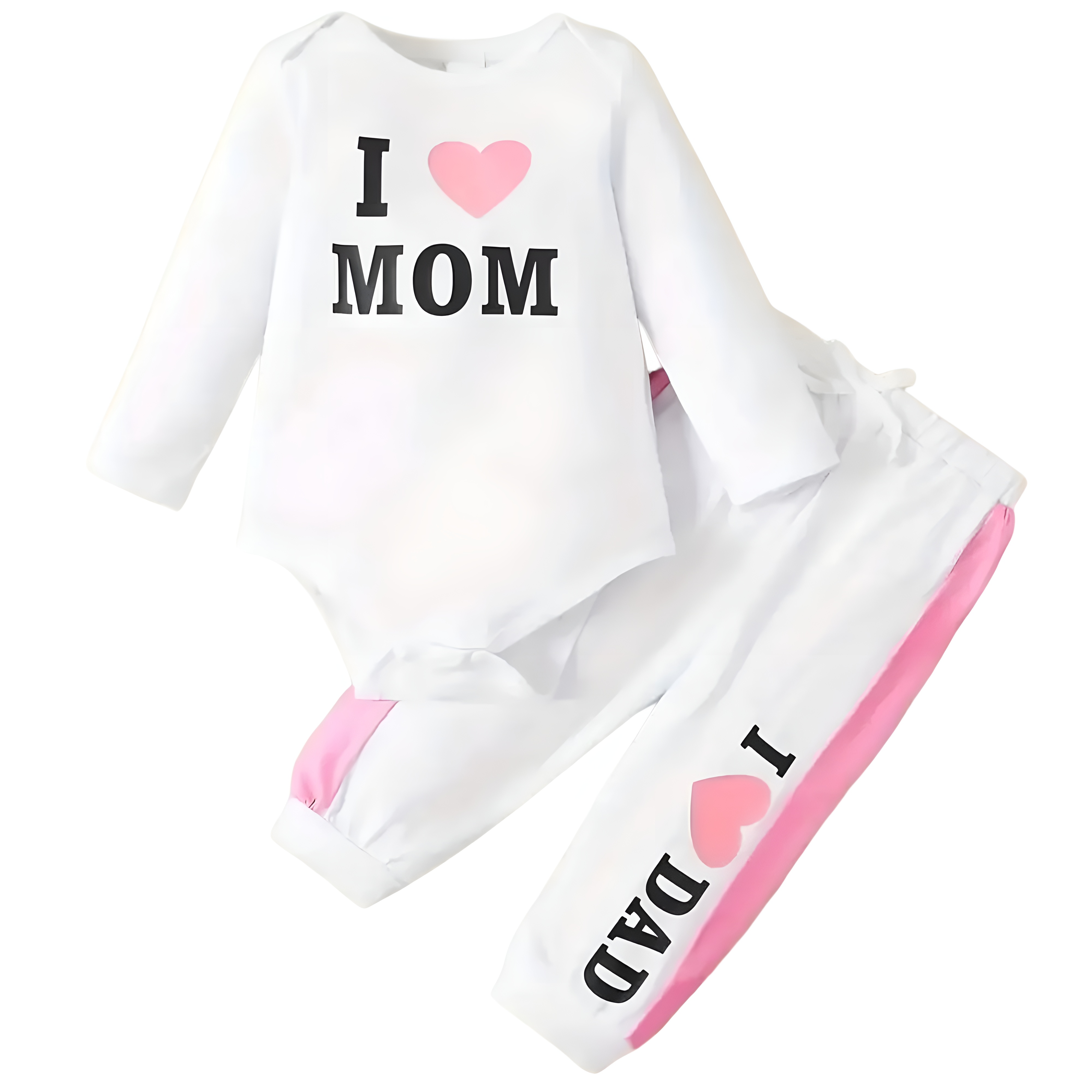 I LOVE MOM Print Bodysuit Casual Pants Toddler and Infant Girl Clothing Set