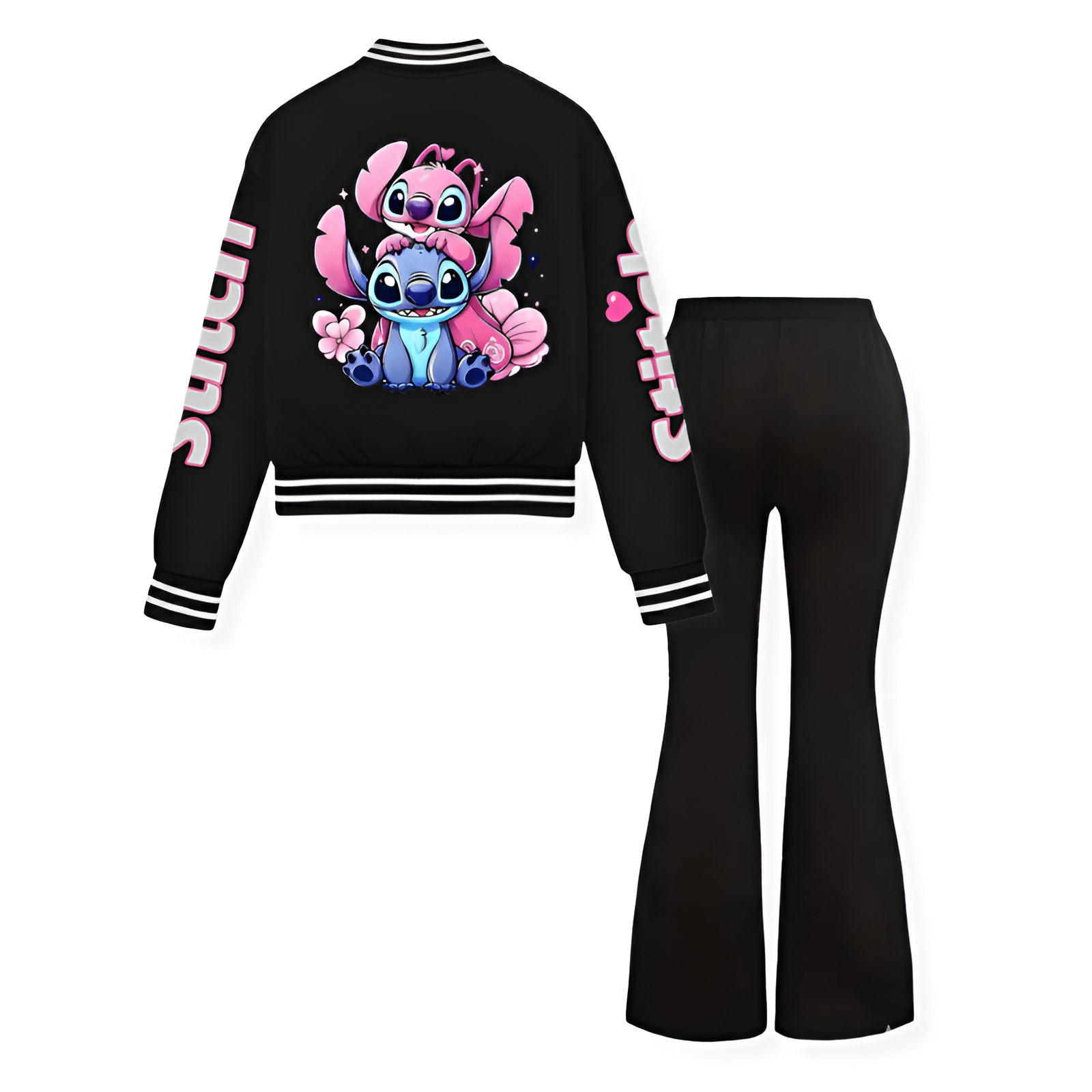Stitch Floral Print Girls Baseball Jacket And Bell Bottom Pants 2 Piece Set