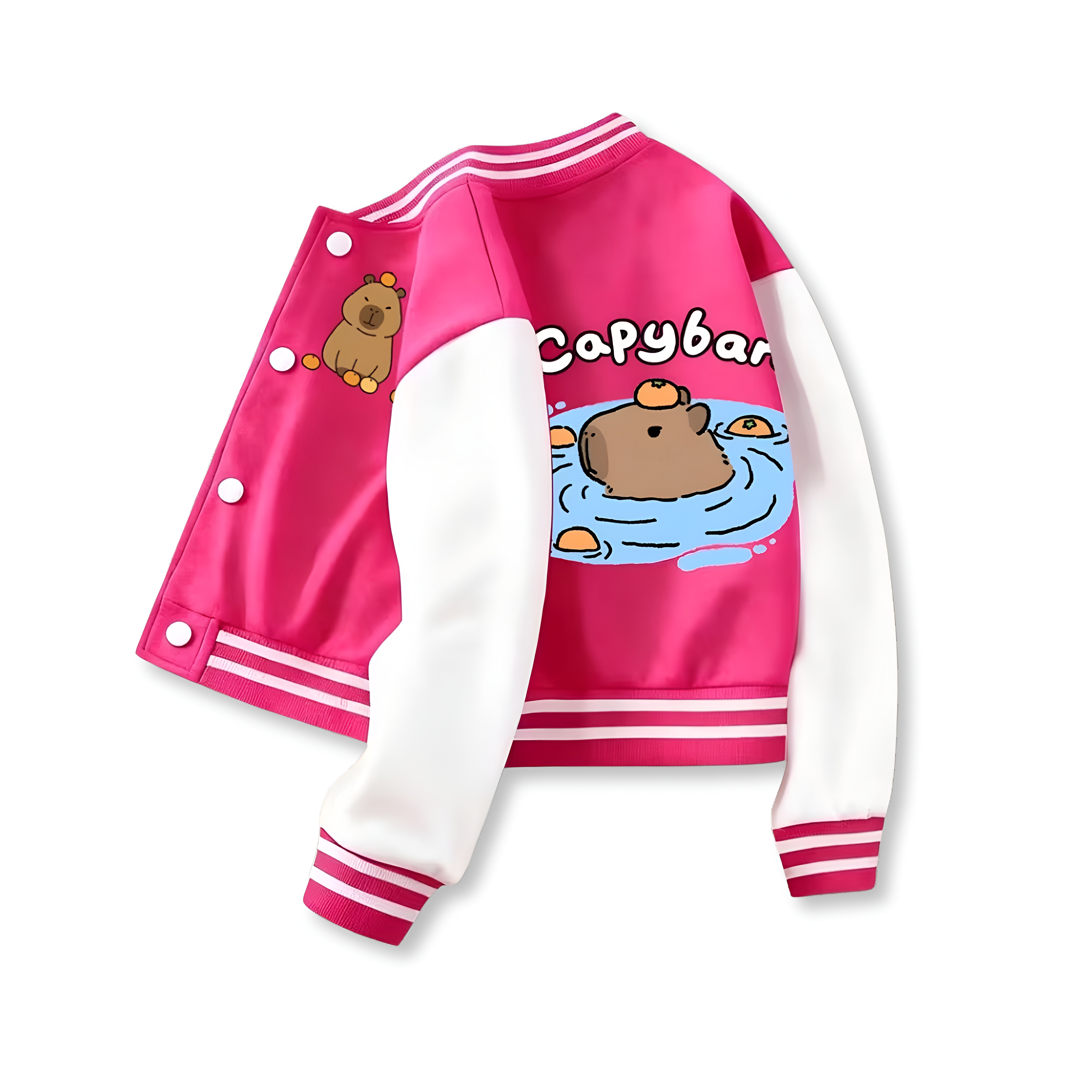 Capybara Family Print Baseball Jacket With Snap Closure And Casual Style For Girls
