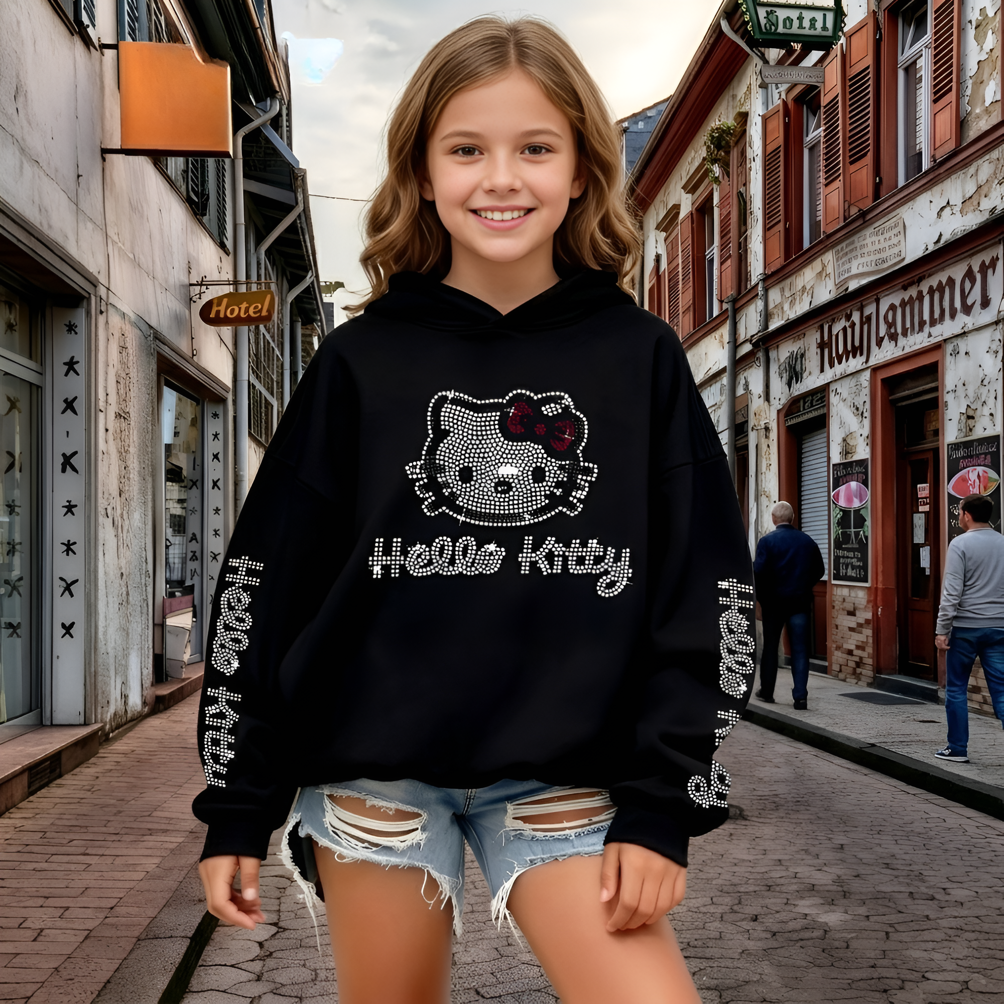 Kitty Shimmering Rhinestone Kids Hooded Sweatshirt
