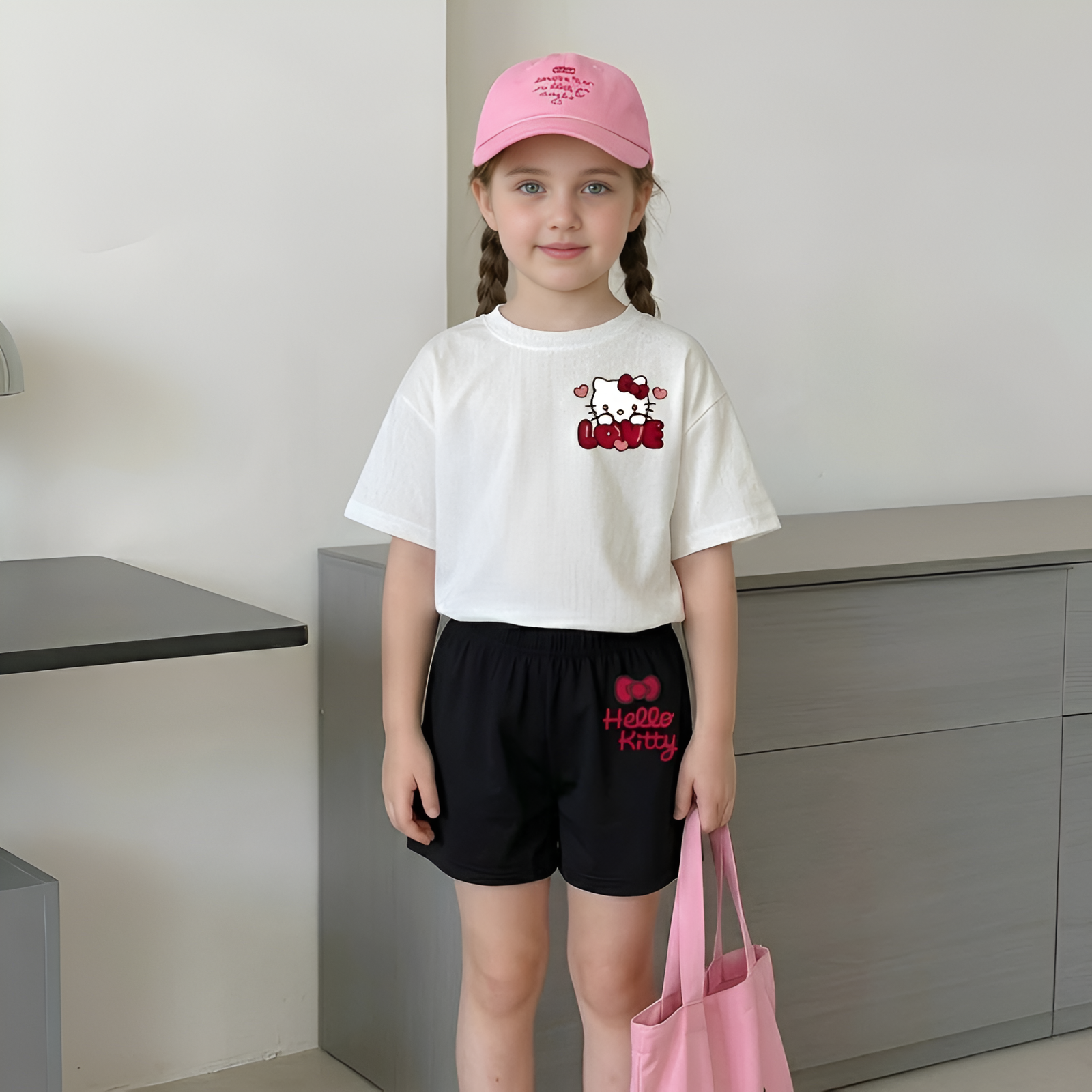 Hello Kitty Double Sided Print Mesh T Shirt And Shorts Set For Girls