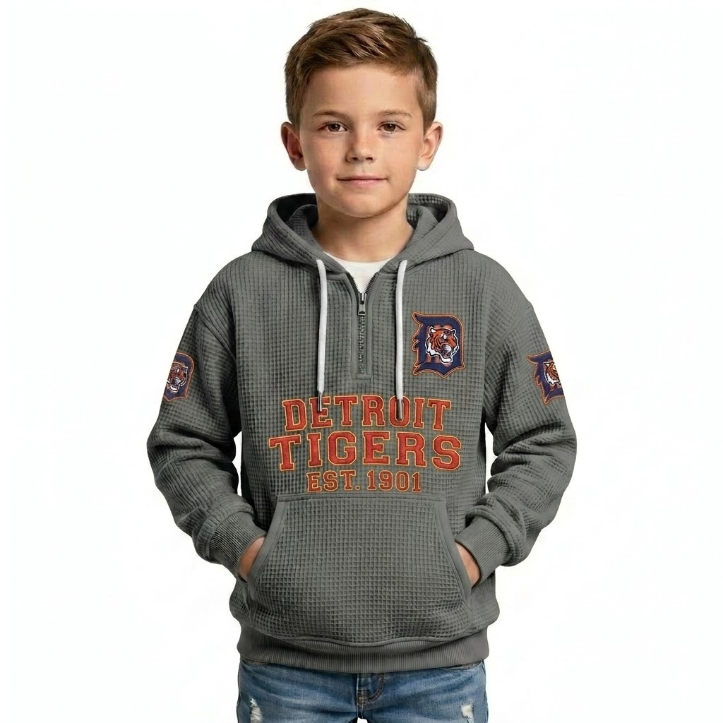 Detroit Tigers EST 1901 Printed Waffle Quarter Zip Baseball Fan Hoodie For Kids