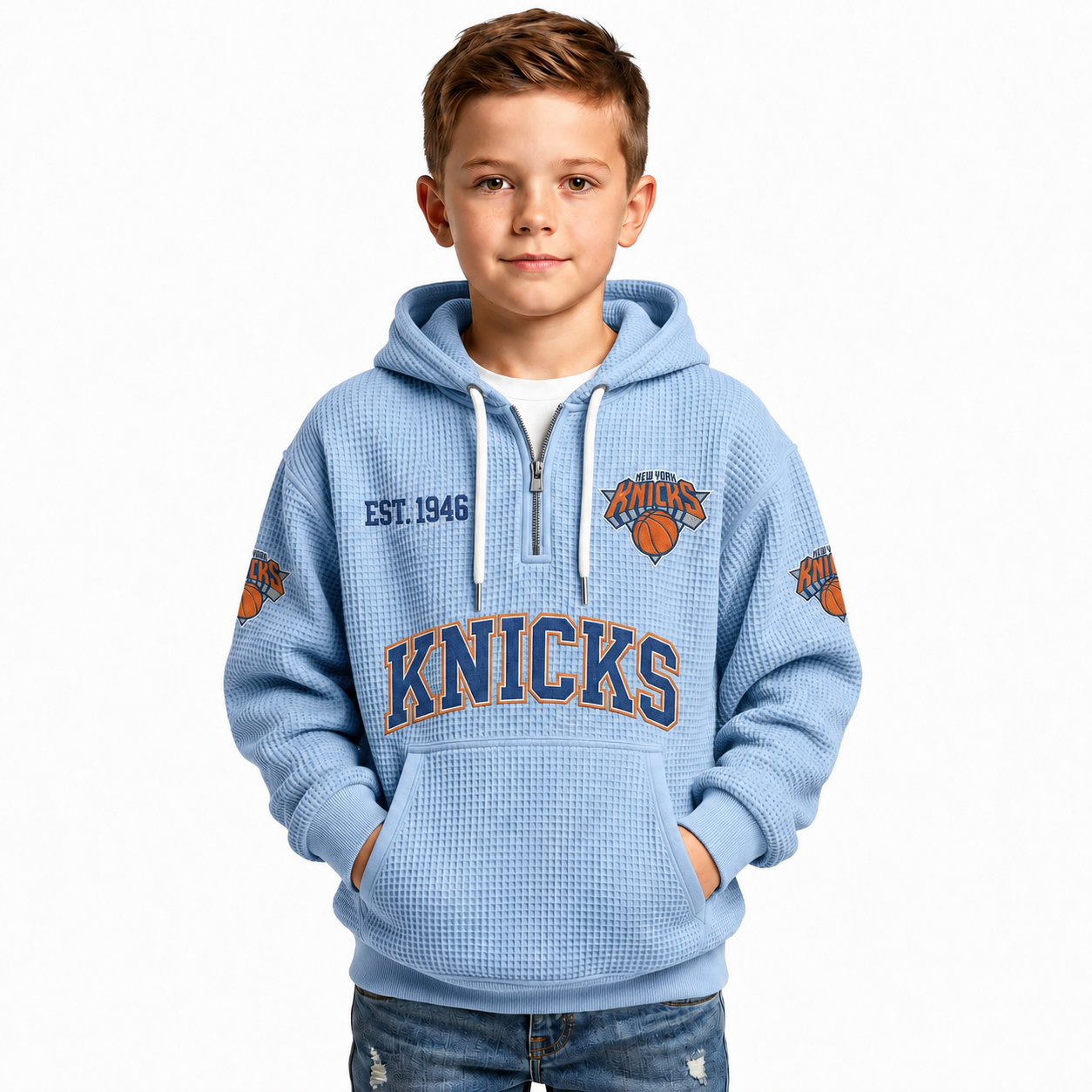 New York Knicks EST 1946 Printed Waffle Quarter Zip Basketball Fan Hoodie For Kids