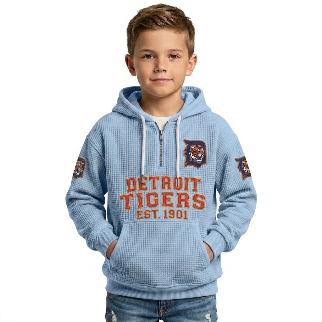 Detroit Tigers EST 1901 Printed Waffle Quarter Zip Baseball Fan Hoodie For Kids