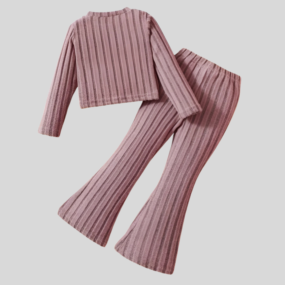 Long Sleeve Ribbed Pullover Top With Flare Pants Set For Girls