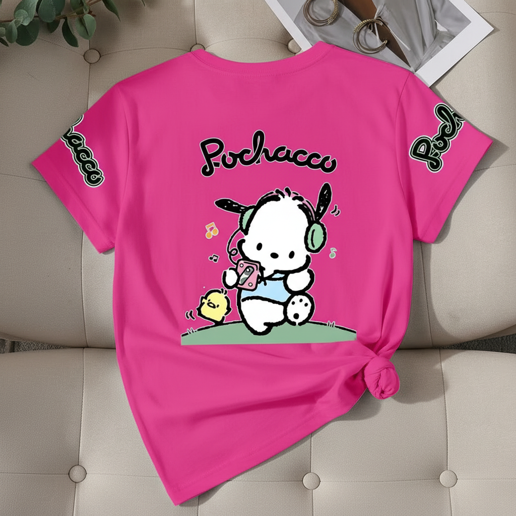 Mesh Short Sleeve T Shirt With Double Sided Pochacco Print For Girls