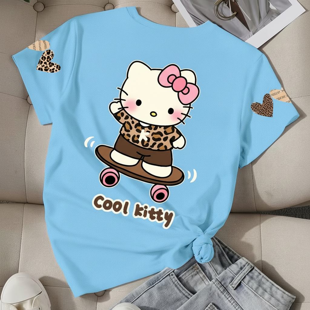 Short Sleeve T Shirt With Double Sided Leopard Print Hello Kitty For Girls
