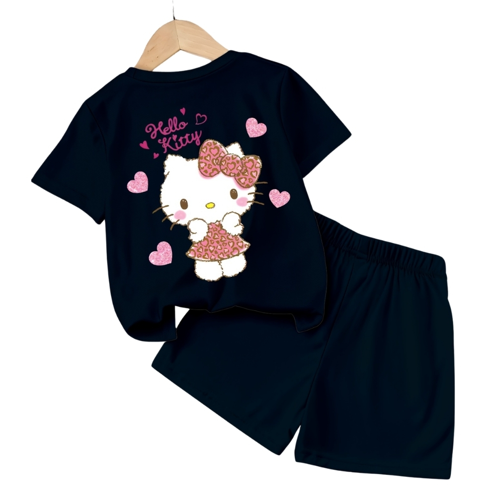 Hello Kitty Double Sided Print T Shirt And Shorts 2 Piece Outfit Set For Girls