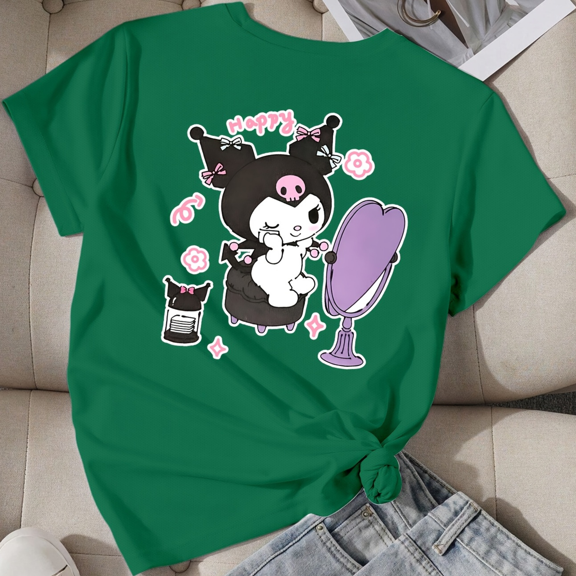 Mesh Short Sleeve T Shirt With Double Sided Kuromi Printed For Girls