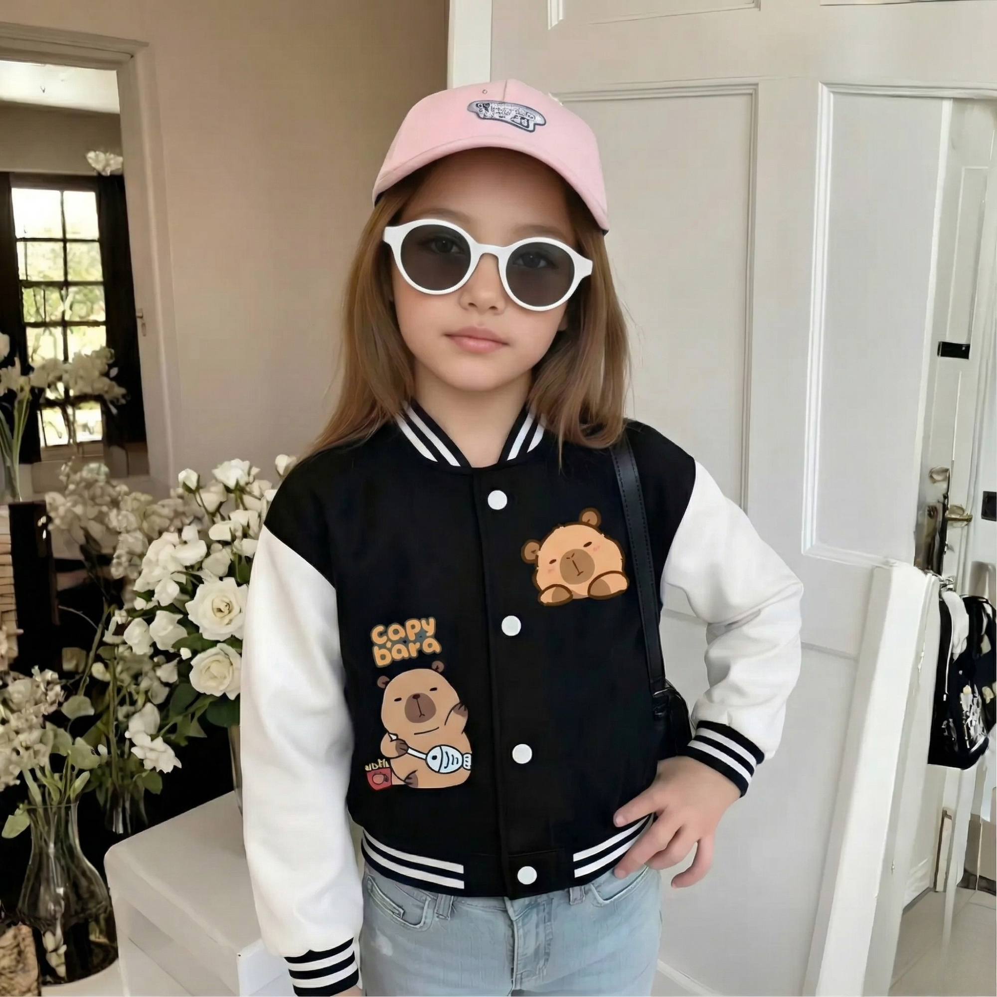 Capybara Graphic Print Baseball Jacket With Snap Closure For Girls