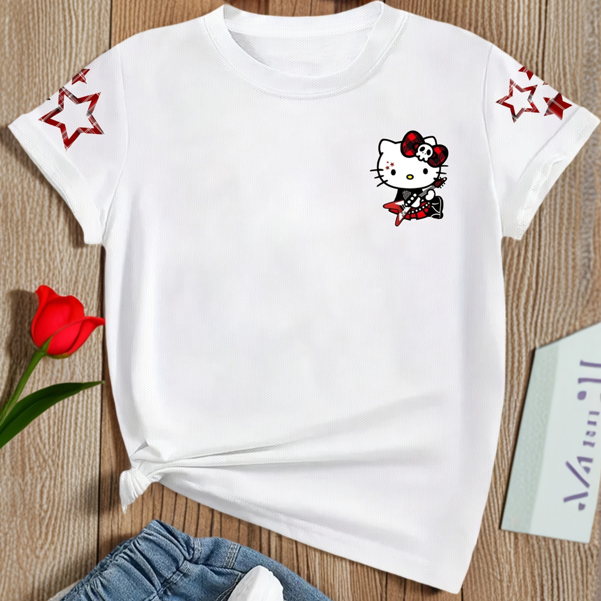 Short Sleeved T Shirt For Girls With Hello Kitty Double Sided Print