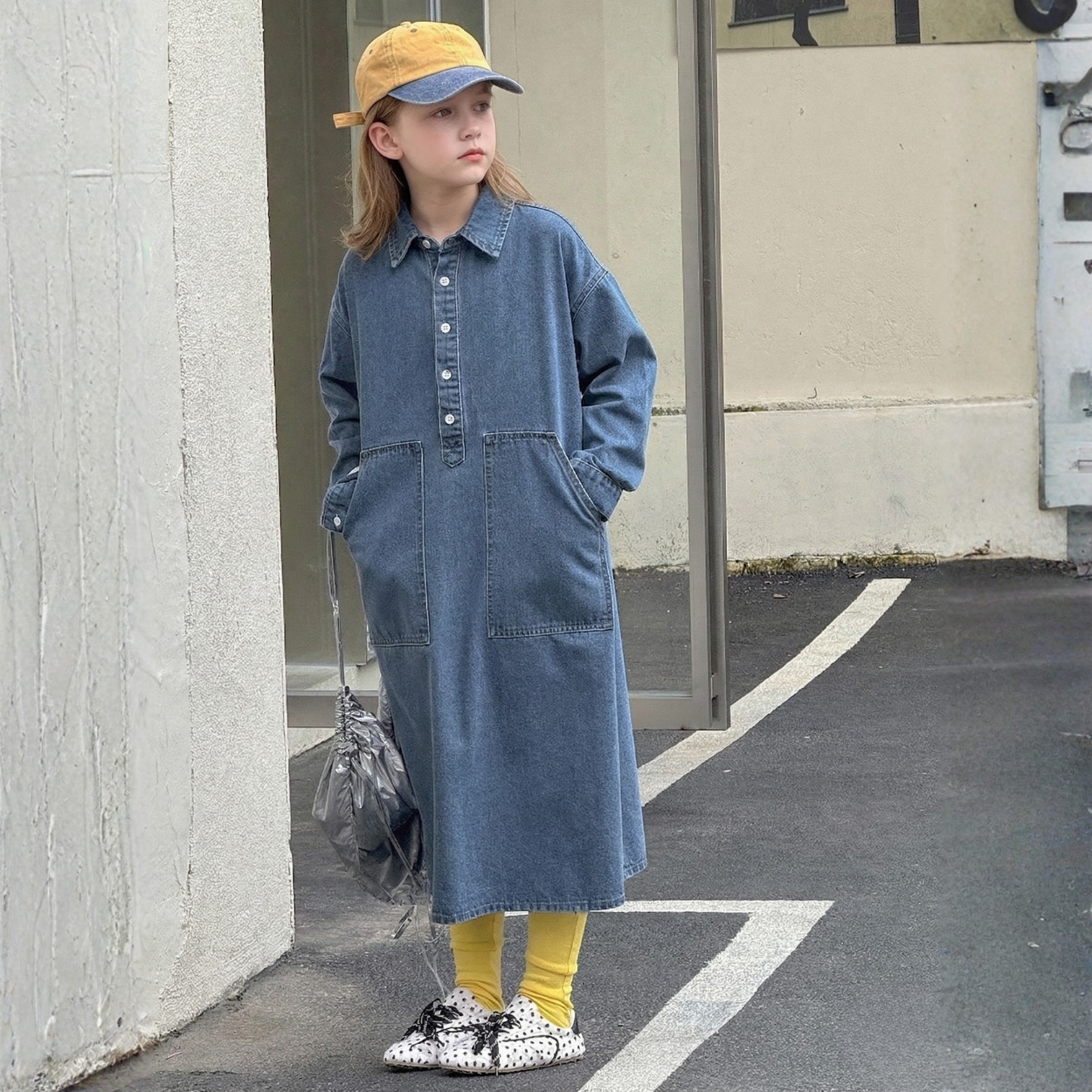 Oversized Denim Shirt Dress With Pocket And Button Front For Girls