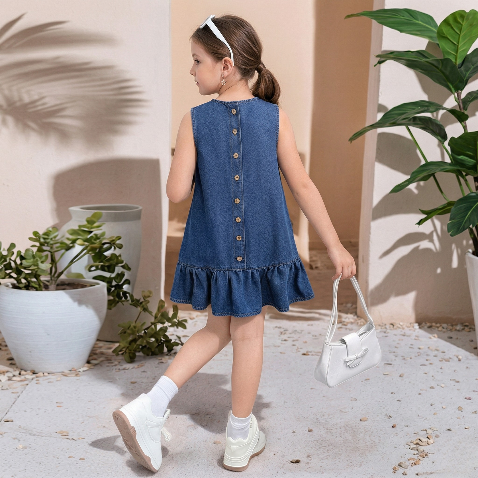 Sleeveless Denim Dress With Button Detail And Ruffle Hem Style For Girls