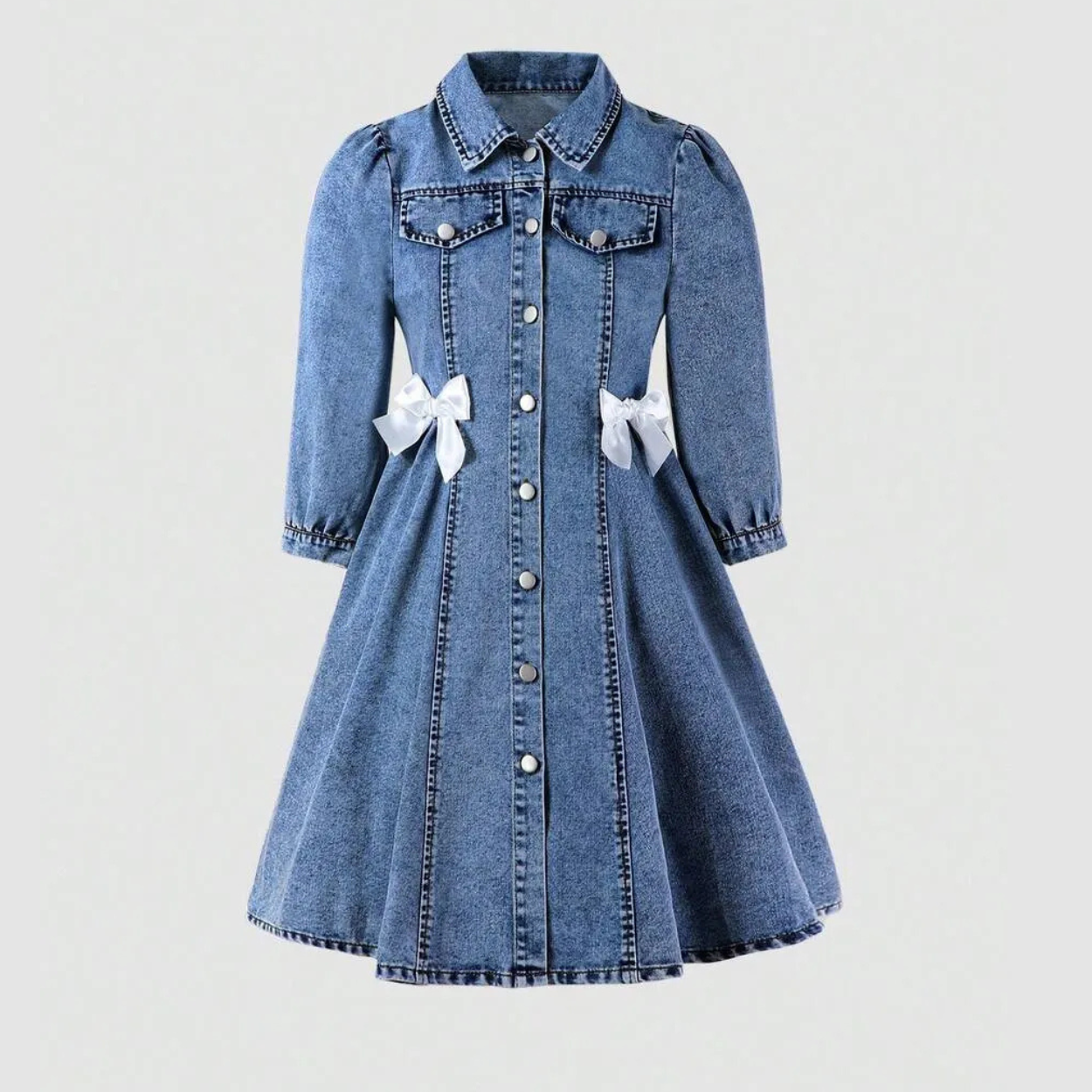 Tween Girls A Line Denim Shirt Dress With Puff Sleeves And Bow Details