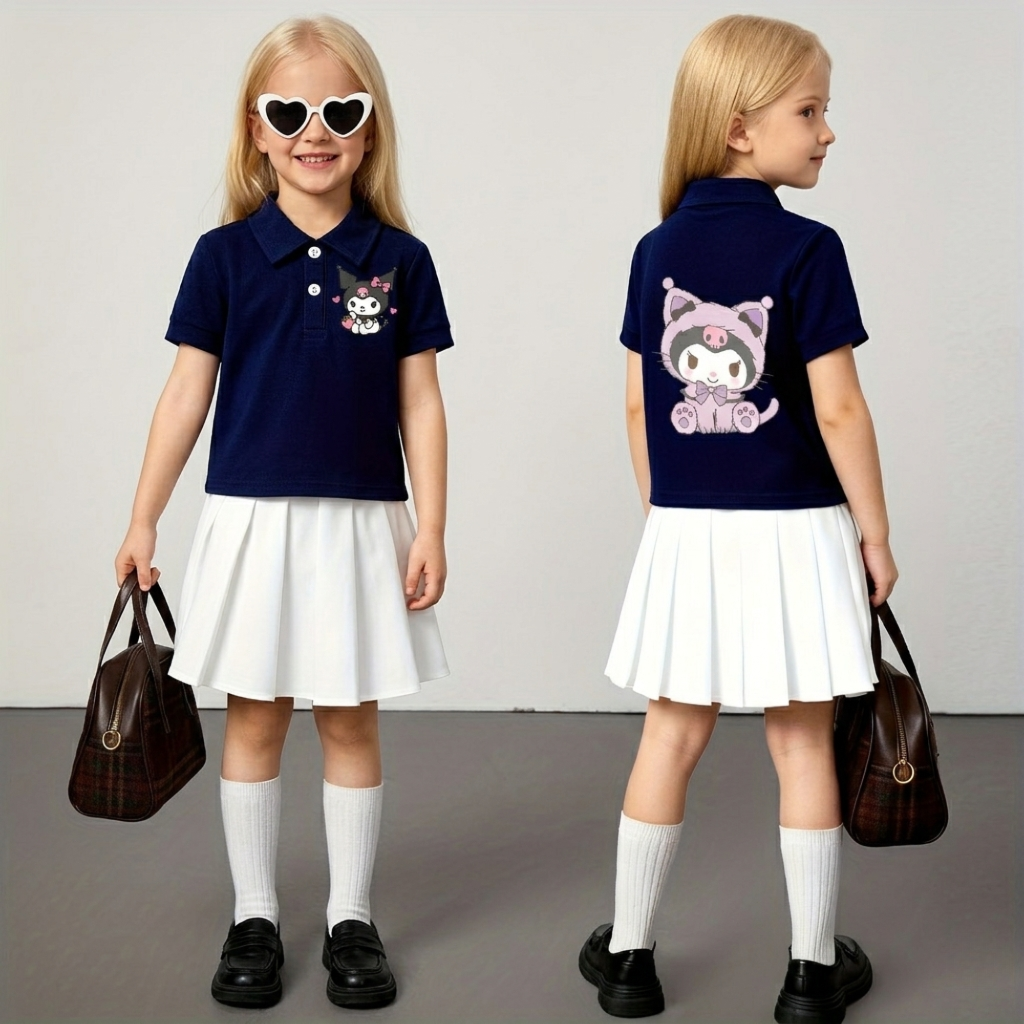 Kuromi Cartoon Graphic Print Summer Loose Fit Polo T Shirt For Girls