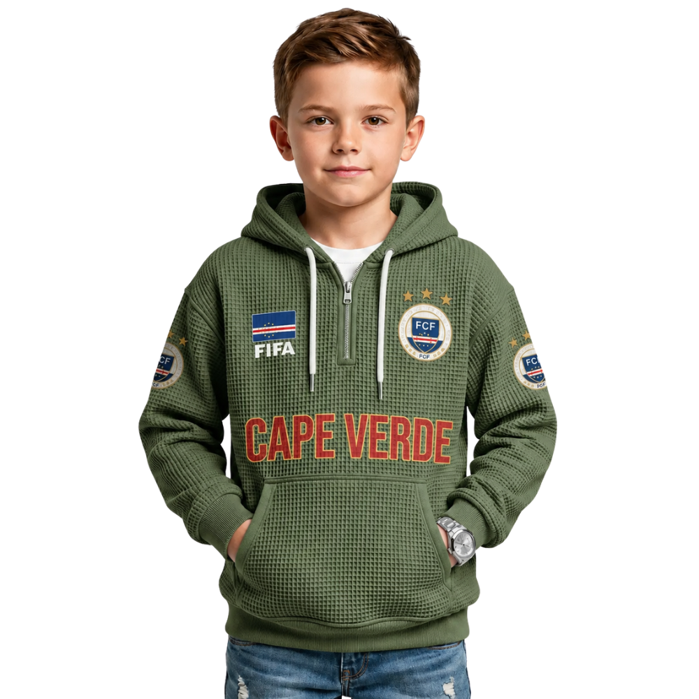 FIFA 2026 Cape Verde Printed Waffle Quarter Zip Football Fan Hoodie For Kids