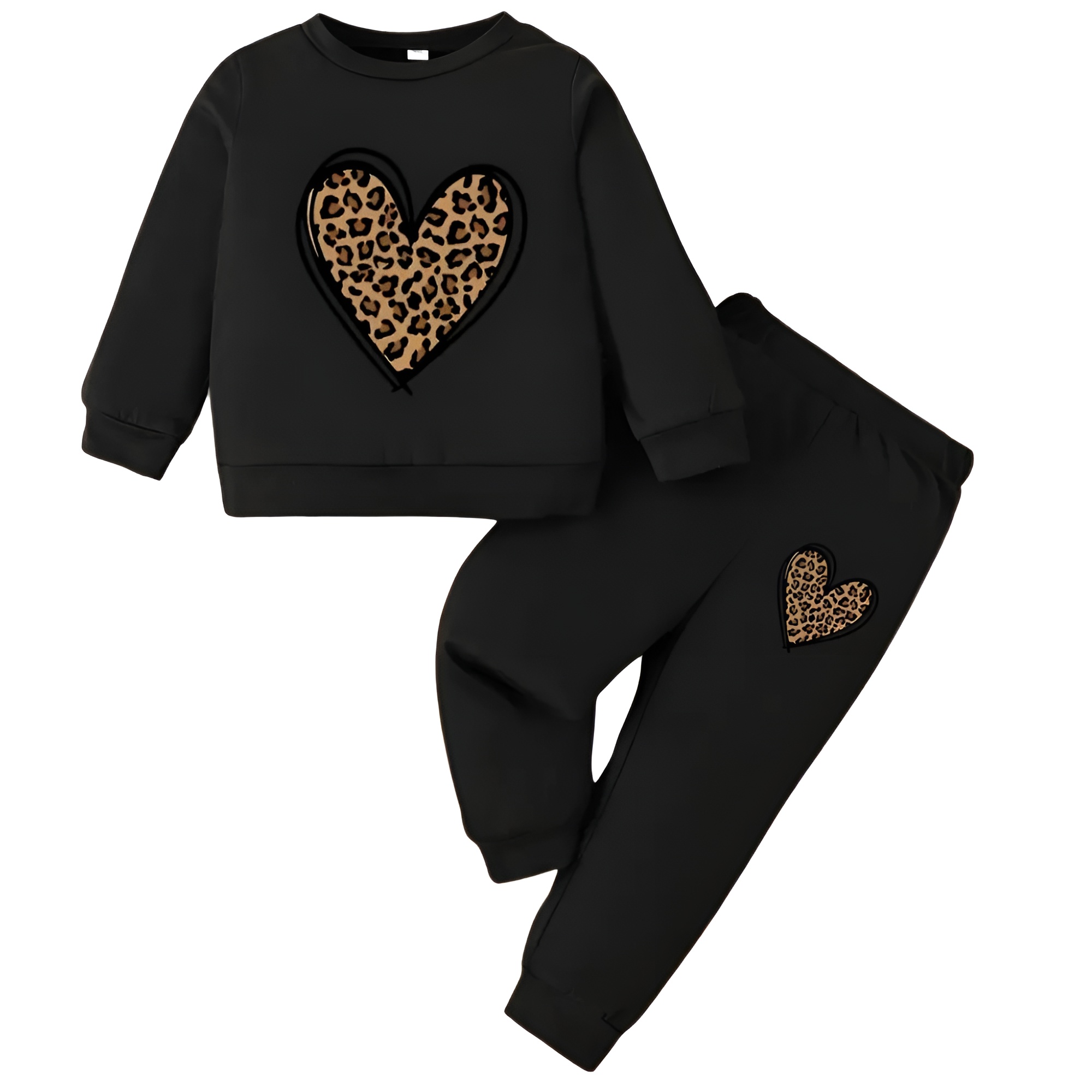 Baby Girls Leopard Heart Print Round Neck Long Sleeve Top with Pants Casual Two Piece Set