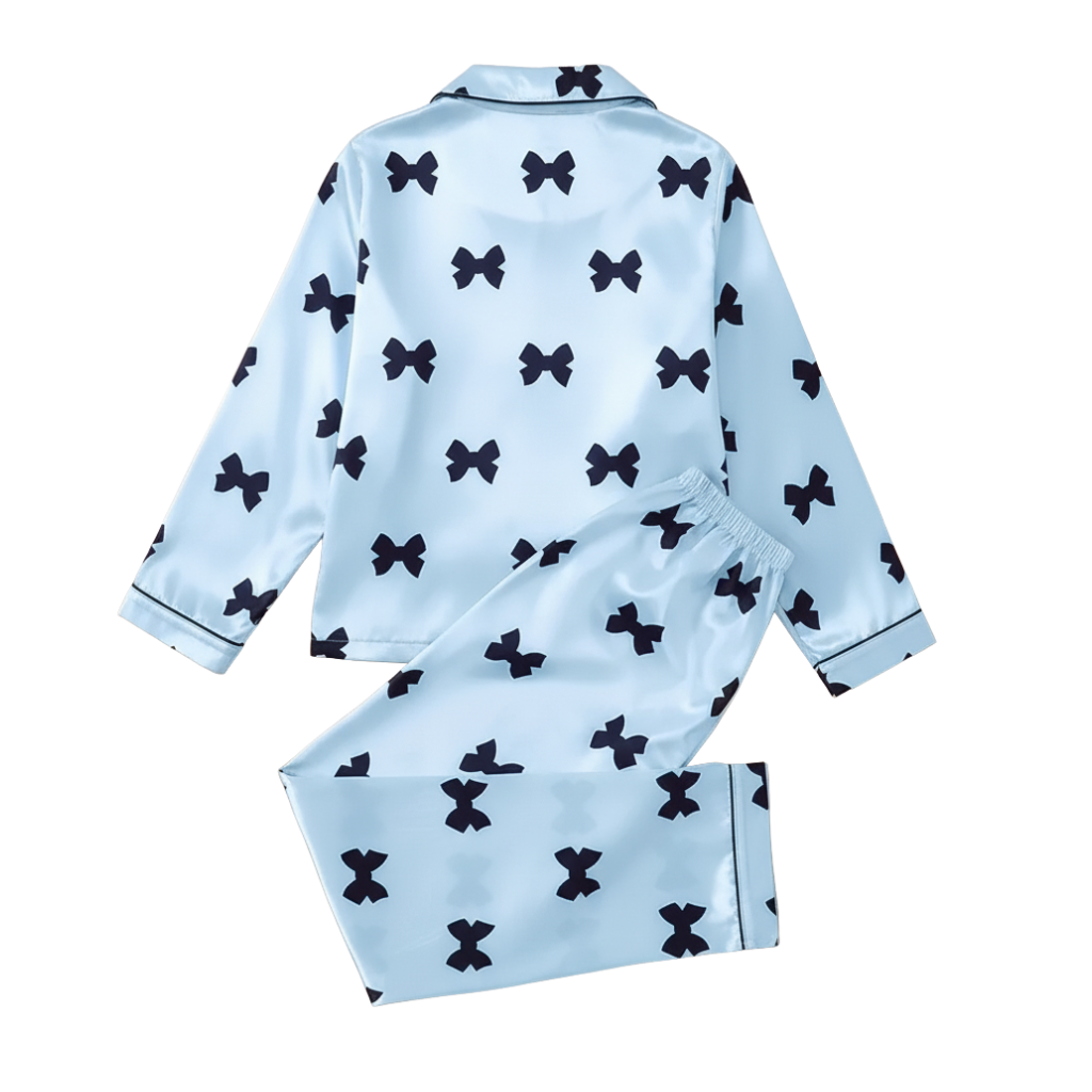 Long Sleeve Bowknot Print Pajama Set With Collar And Pants