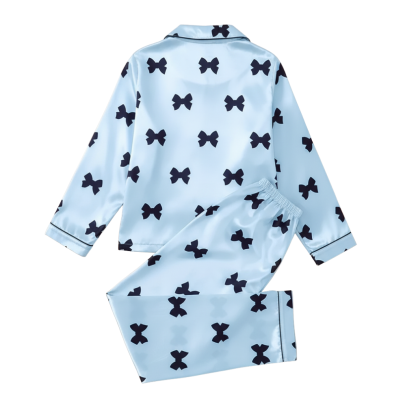 Long Sleeve Bowknot Print Pajama Set With Collar And Pants