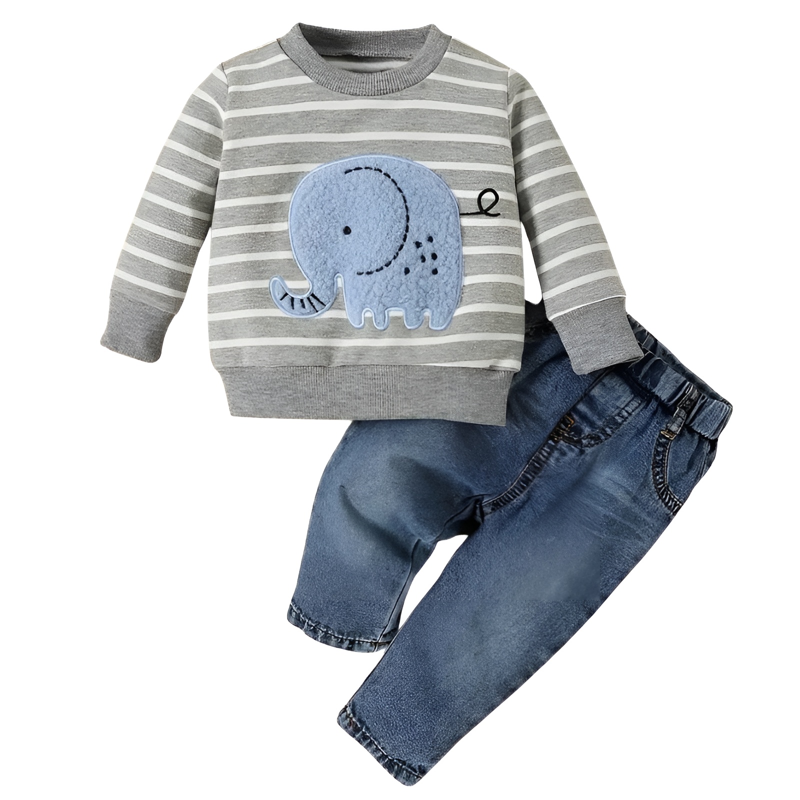 2pcs Boy Striped Elephant Pattern Long Sleeve Top and Denim Trousers