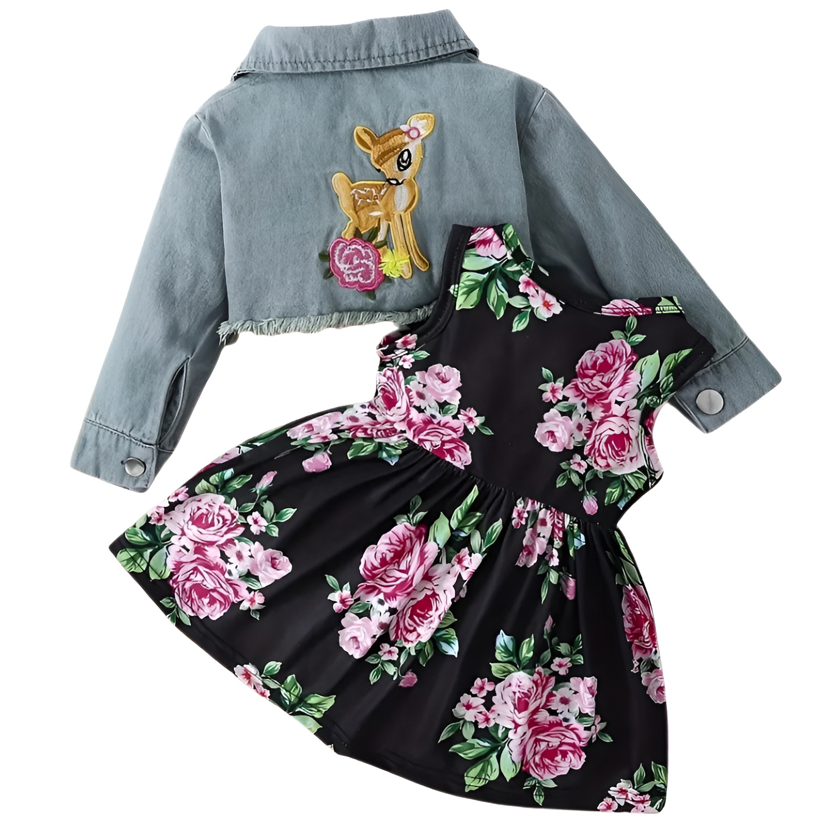 Girl Cartoon Print Vest Dress with and Short Denim Top Two Piece Set