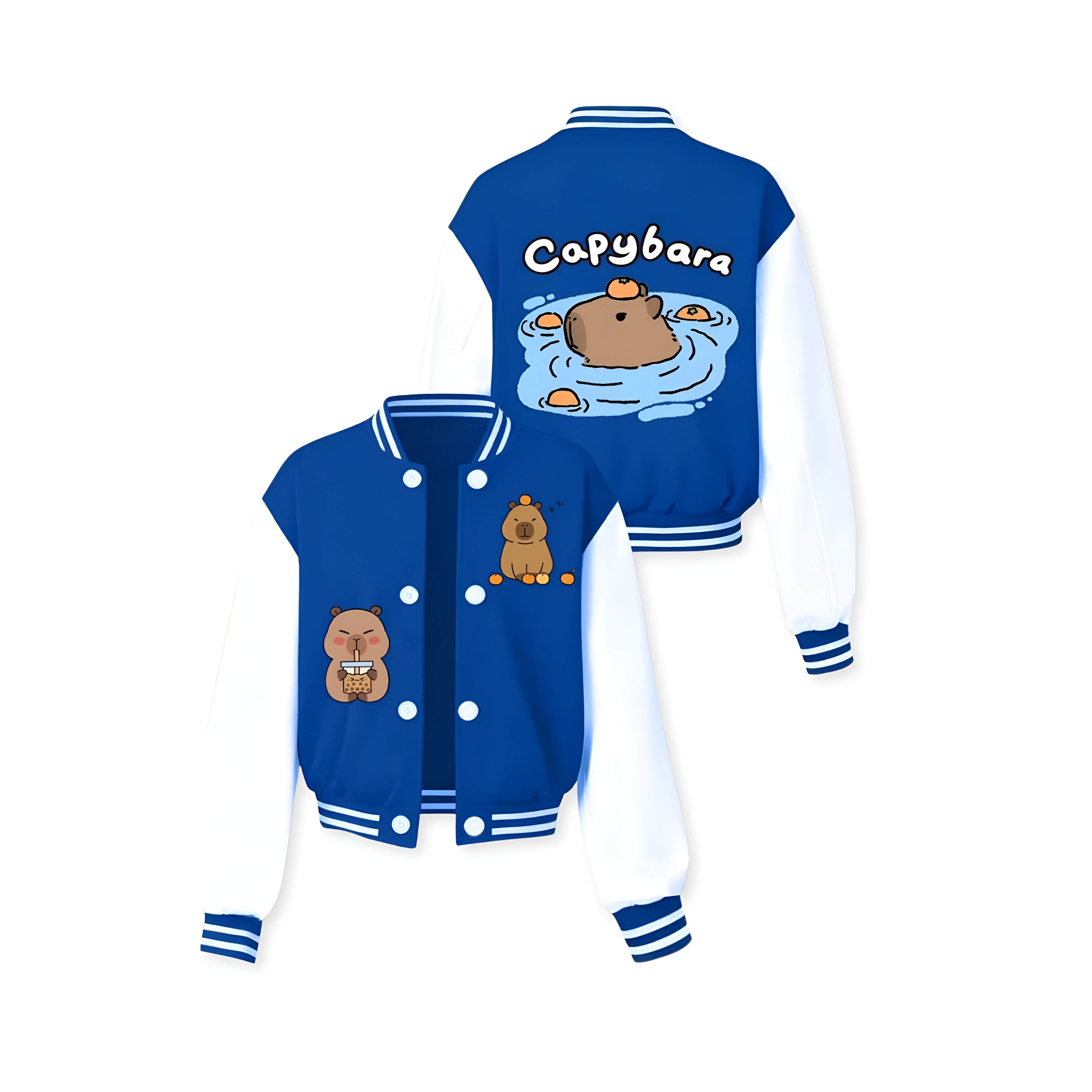 Capybara Family Print Baseball Jacket With Snap Closure And Casual Style For Girls