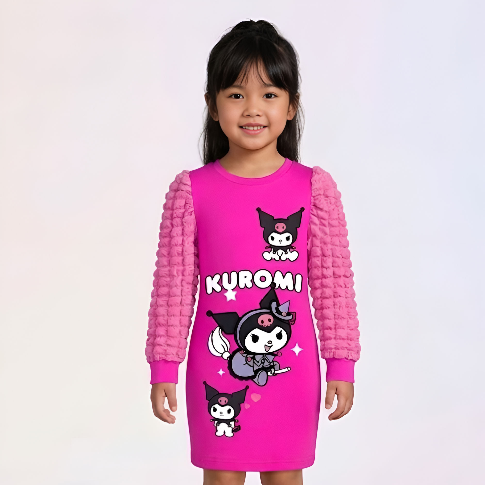 Kuromi Cartoon Printed Puff Sleeve Dress For Girls