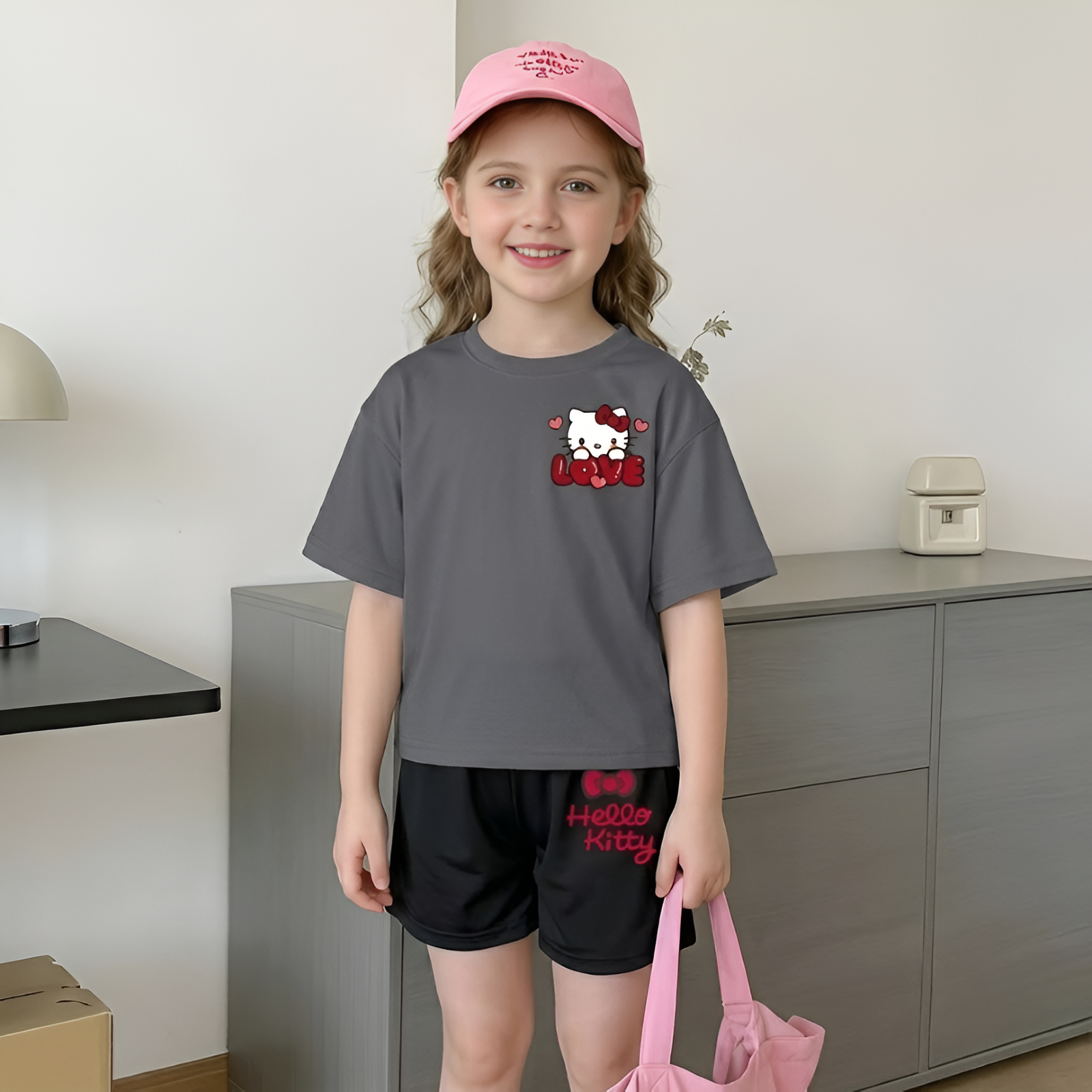 Hello Kitty Double Sided Print Mesh T Shirt And Shorts Set For Girls