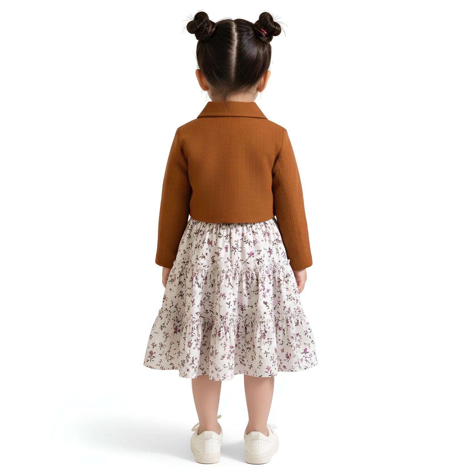 Girls Floral Print Sundress with Turn Collar and Long Sleeve Coat Two Piece Set