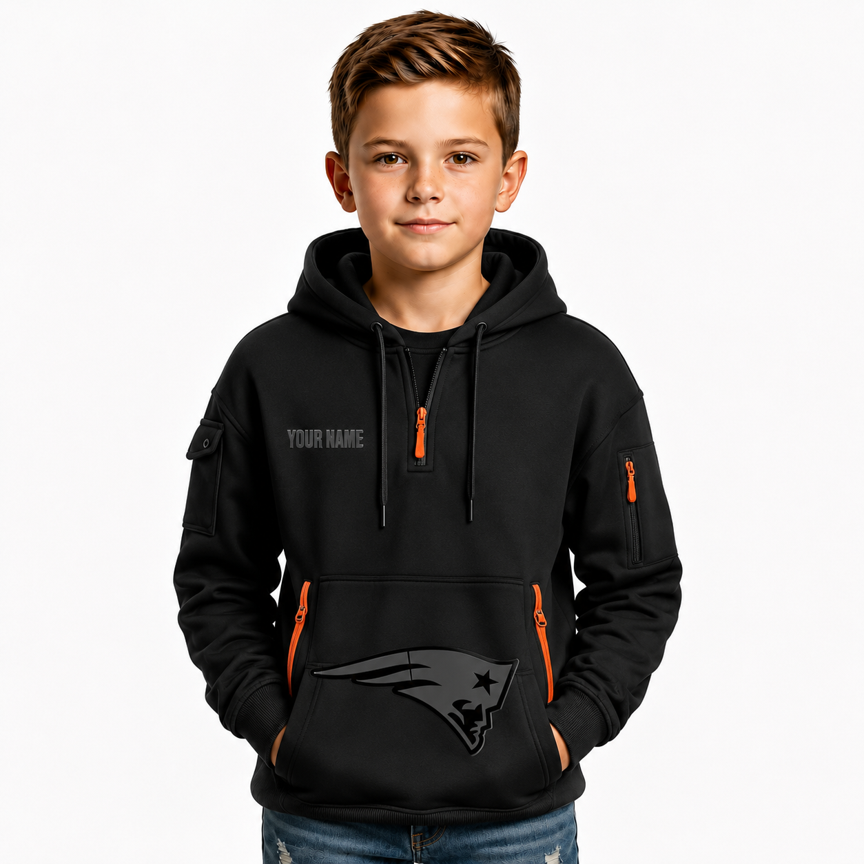 New England Patriots Football Team Themed Hoodie With Half Zip And Back Print For Kids