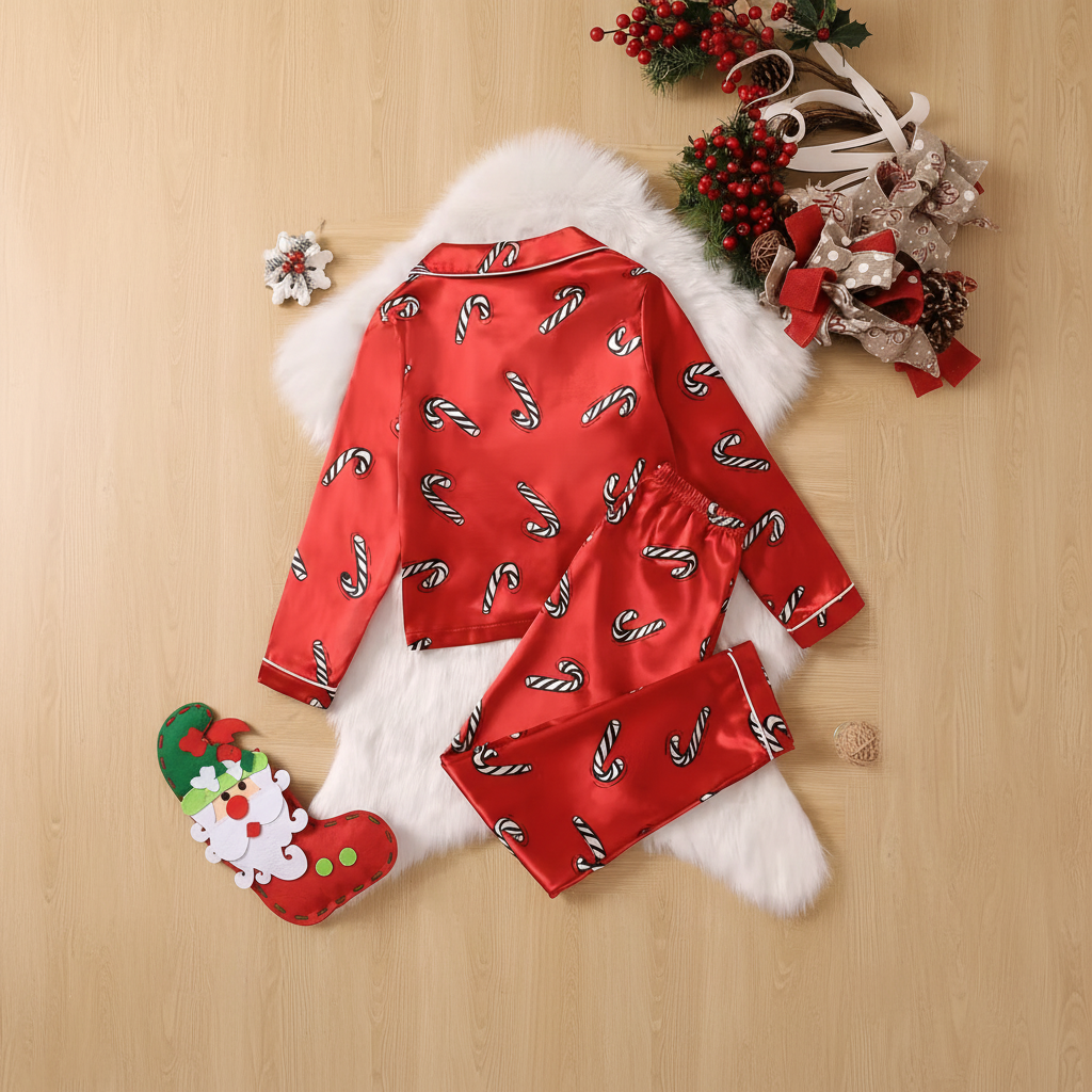Candy Cane Themed Satin Christmas Pajama Set For Kids