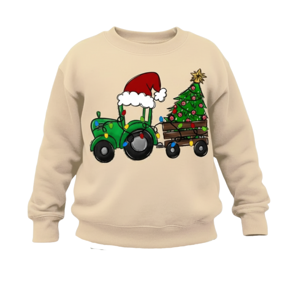 Cozy Boys Tractor Carrying Christmas Tree Design Sweatshirt