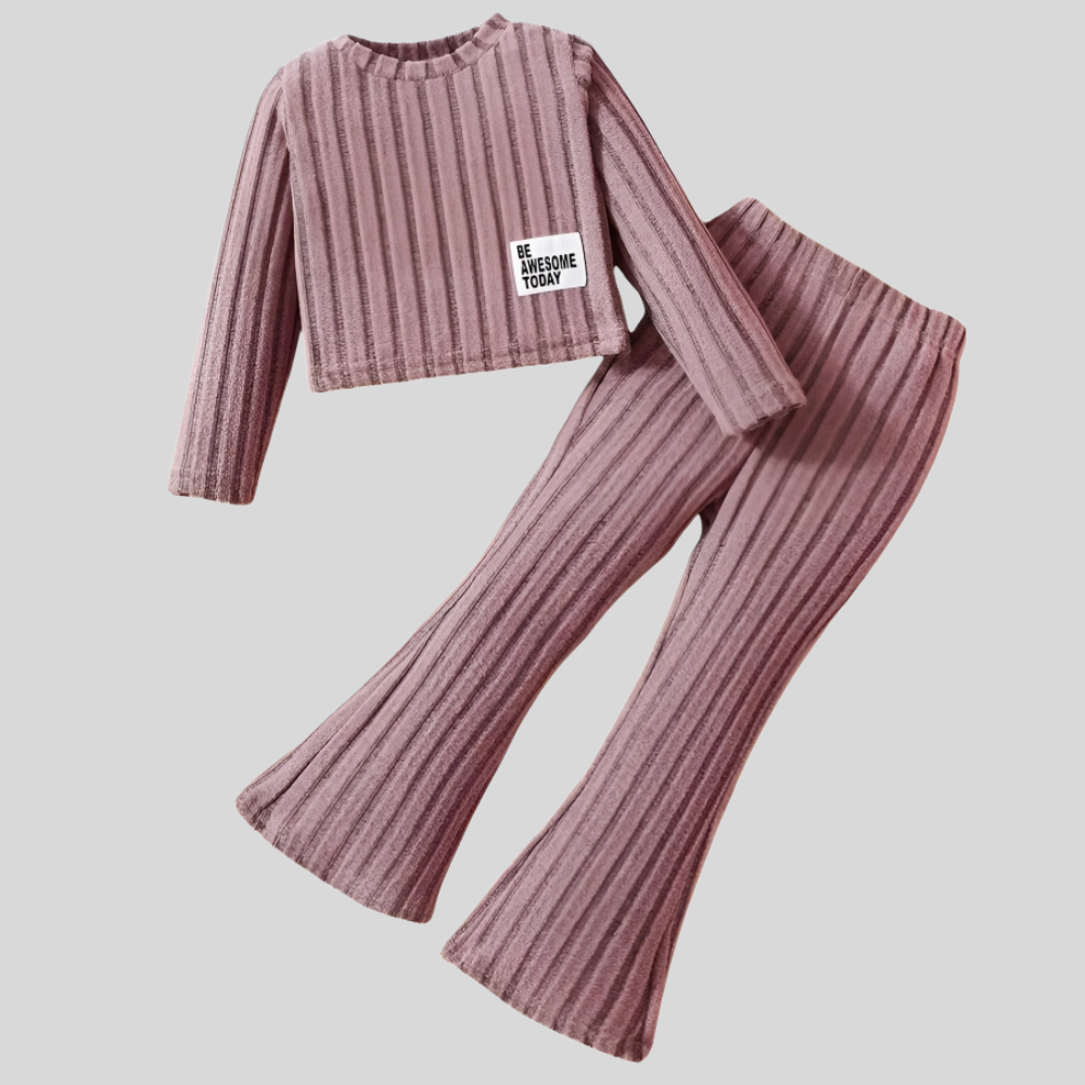 Long Sleeve Ribbed Pullover Top With Flare Pants Set For Girls