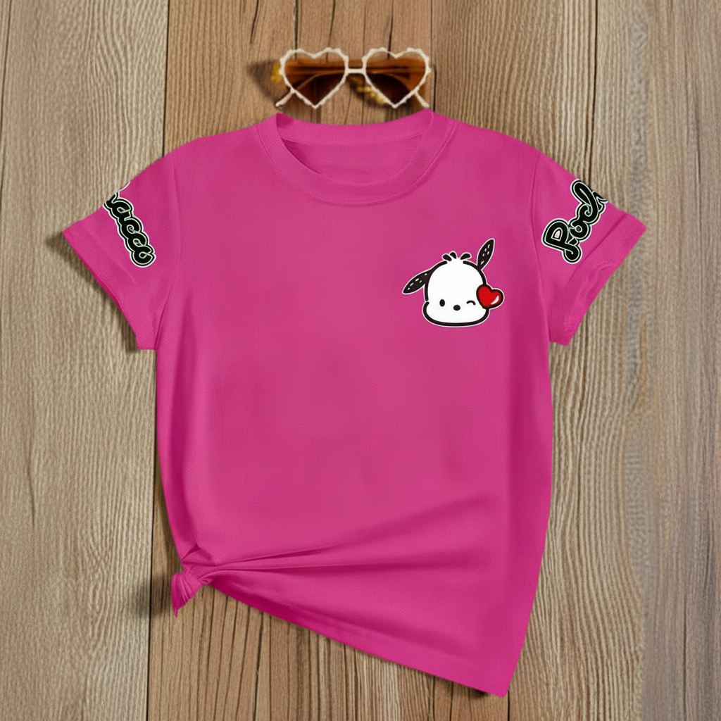 Mesh Short Sleeve T Shirt With Double Sided Pochacco Print For Girls