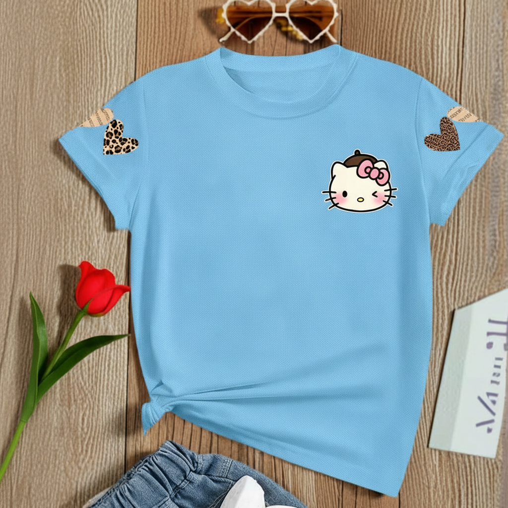 Short Sleeve T Shirt With Double Sided Leopard Print Hello Kitty For Girls