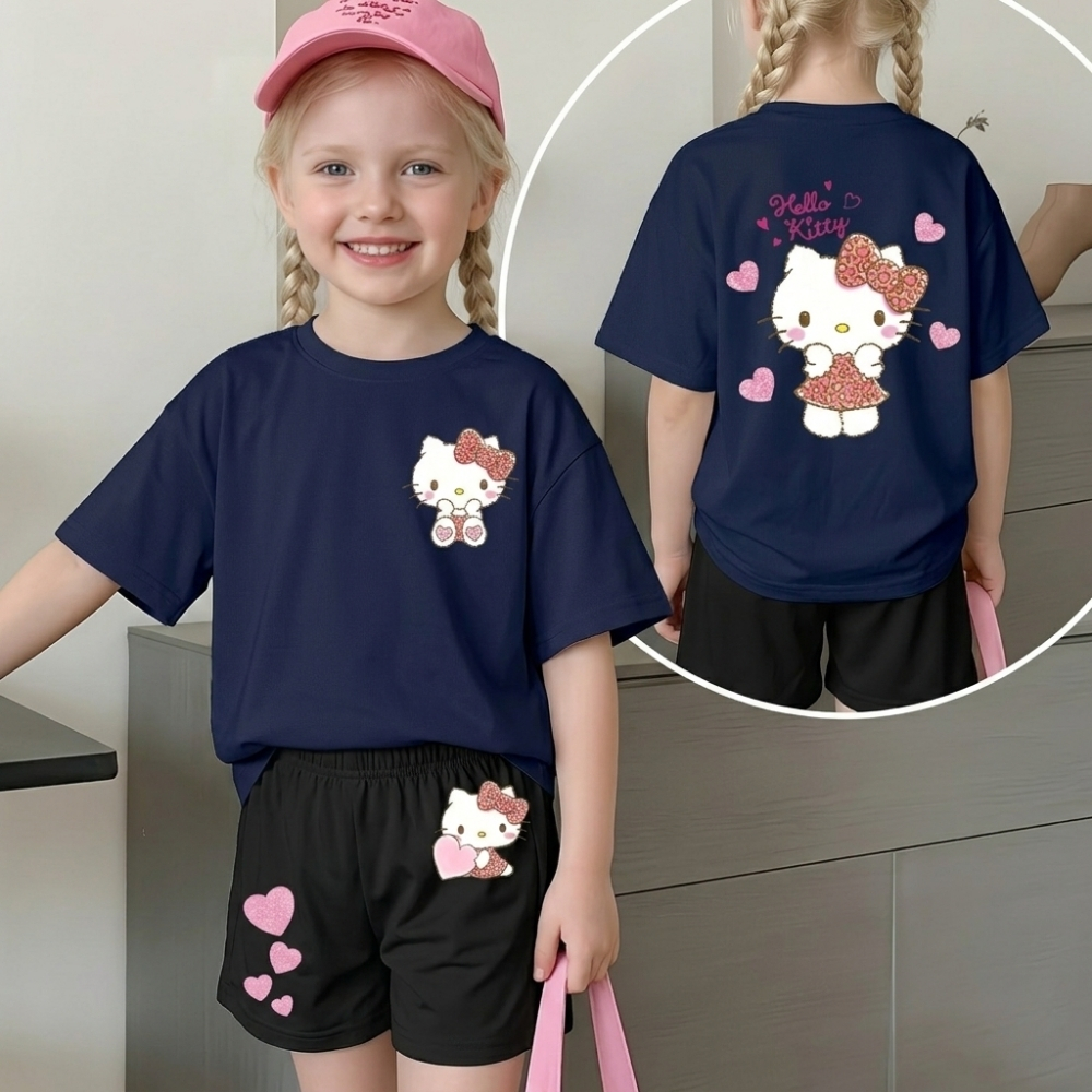 Hello Kitty Double Sided Print T Shirt And Shorts 2 Piece Outfit Set For Girls