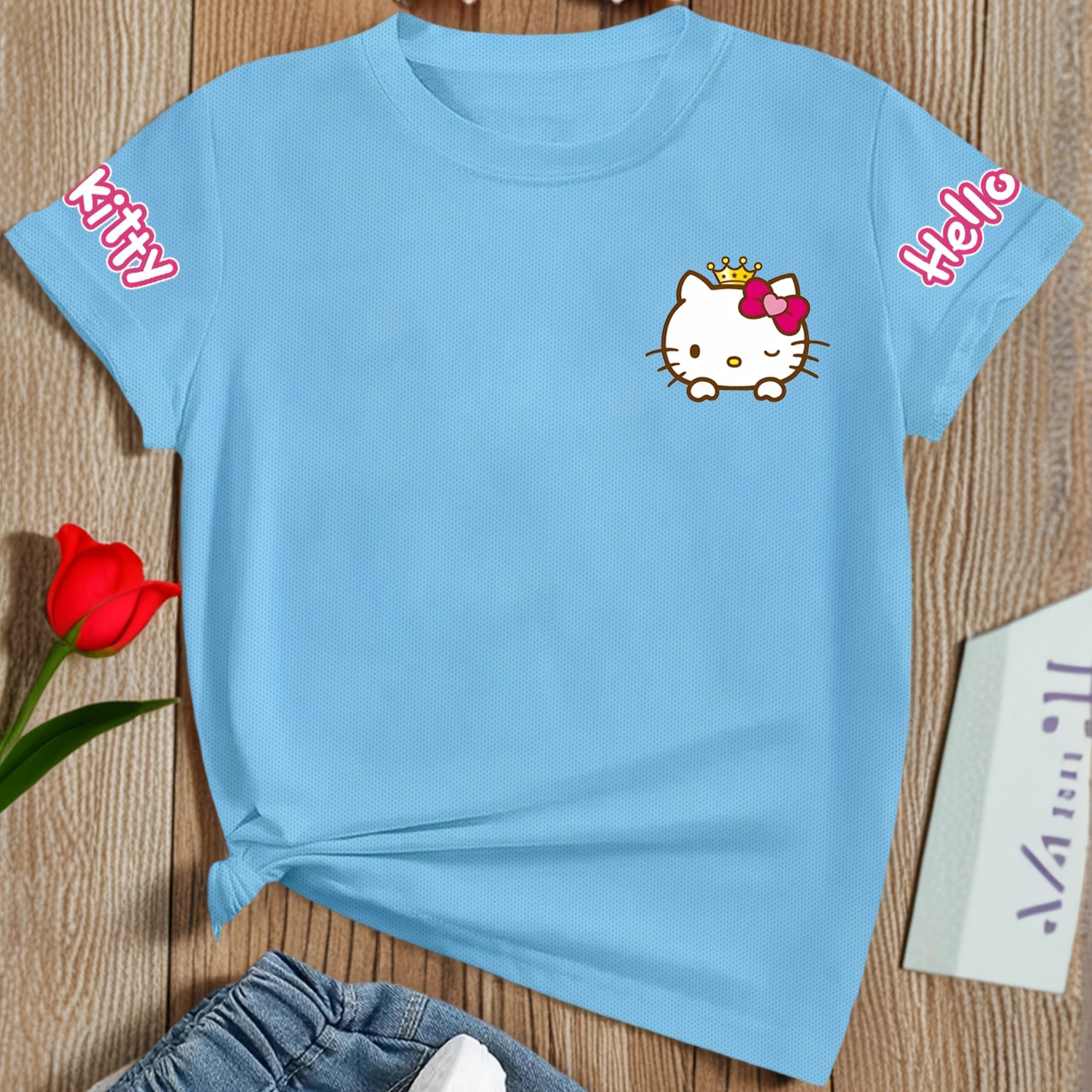 Casual Short Sleeved T Shirt With Hello Kitty Printed For Girls 