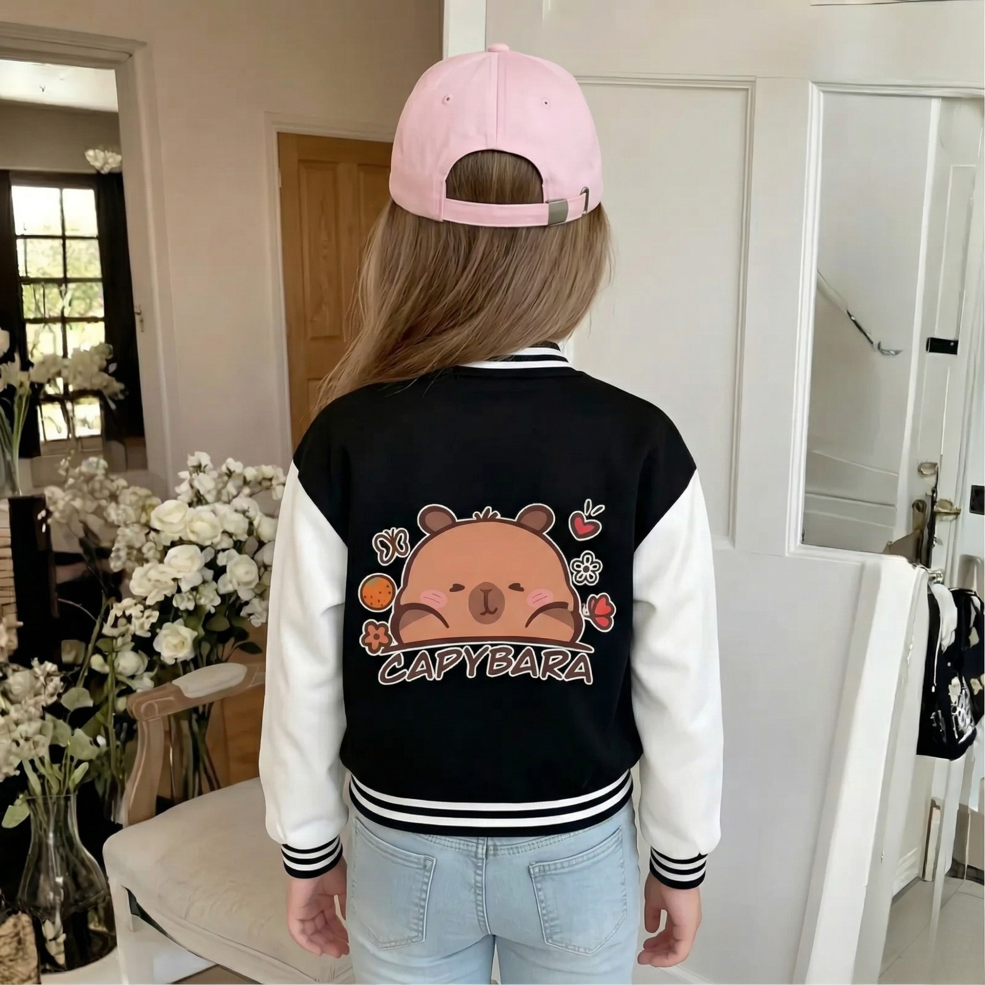 Capybara Graphic Print Baseball Jacket With Snap Closure For Girls