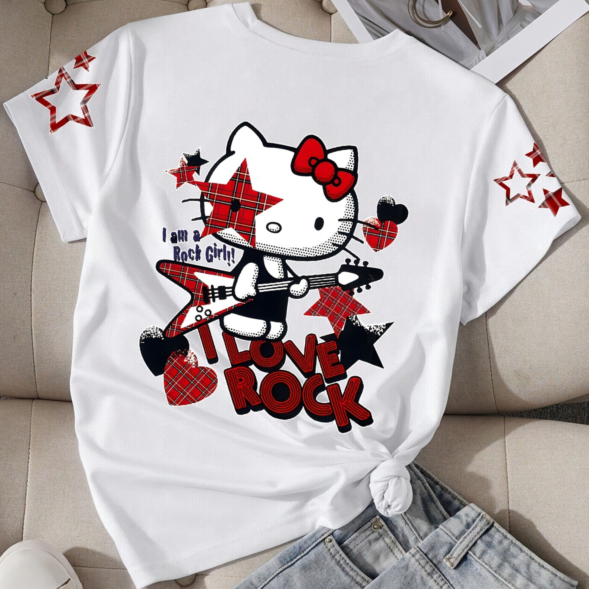 Short Sleeved T Shirt For Girls With Hello Kitty Double Sided Print