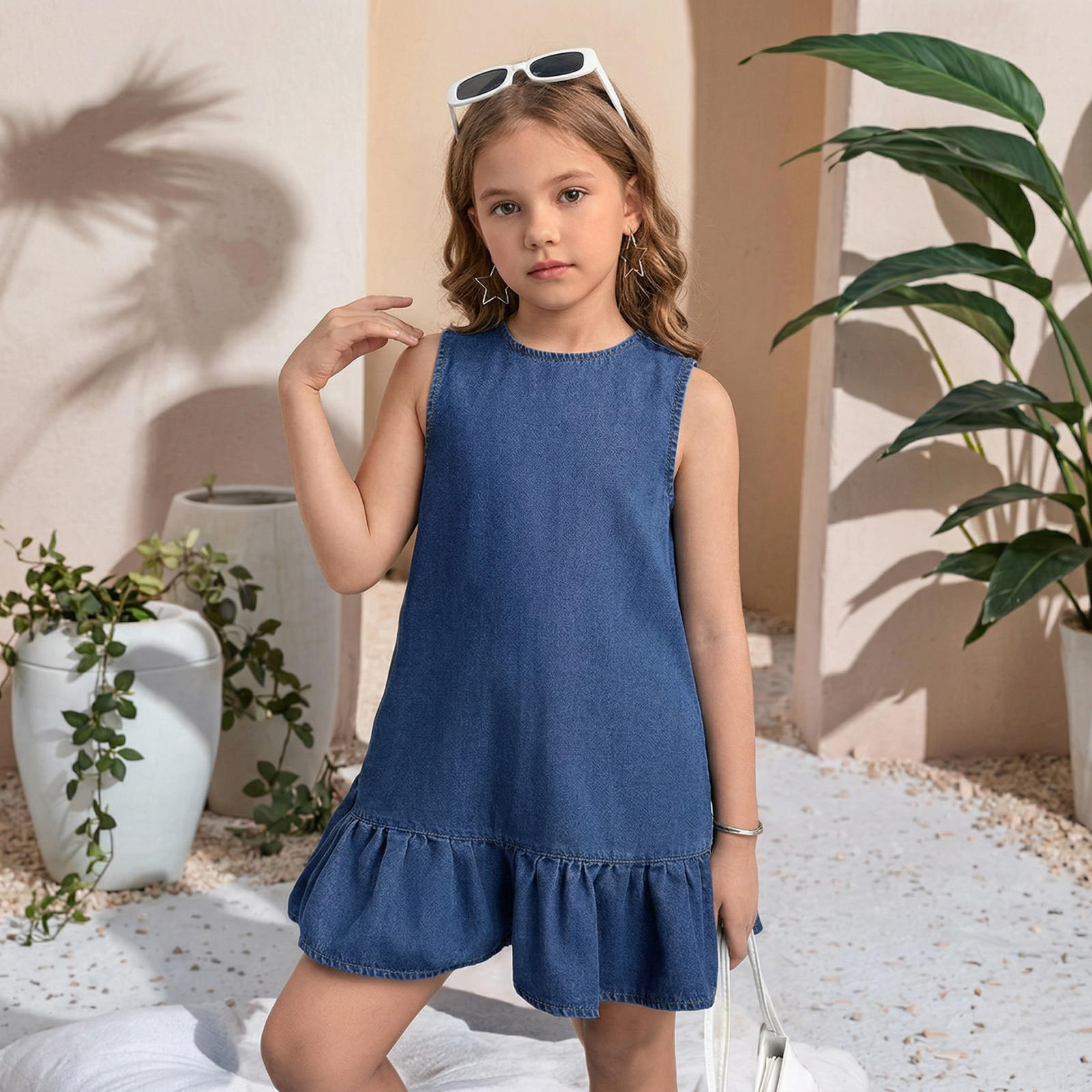 Sleeveless Denim Dress With Button Detail And Ruffle Hem Style For Girls