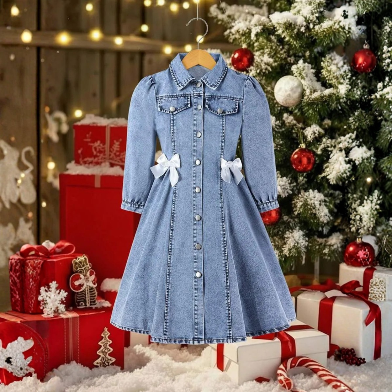 Tween Girls A Line Denim Shirt Dress With Puff Sleeves And Bow Details