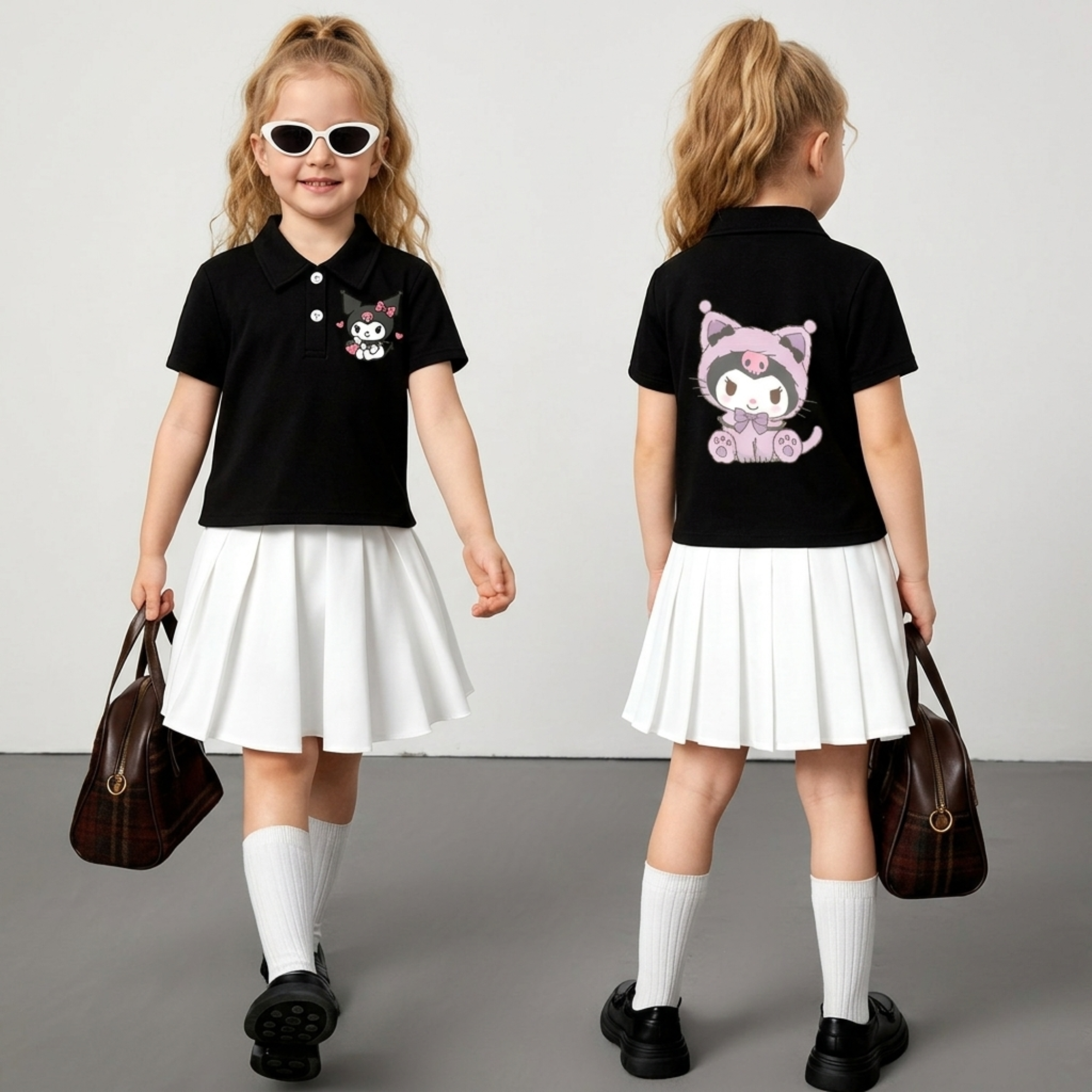 Kuromi Cartoon Graphic Print Summer Loose Fit Polo T Shirt For Girls