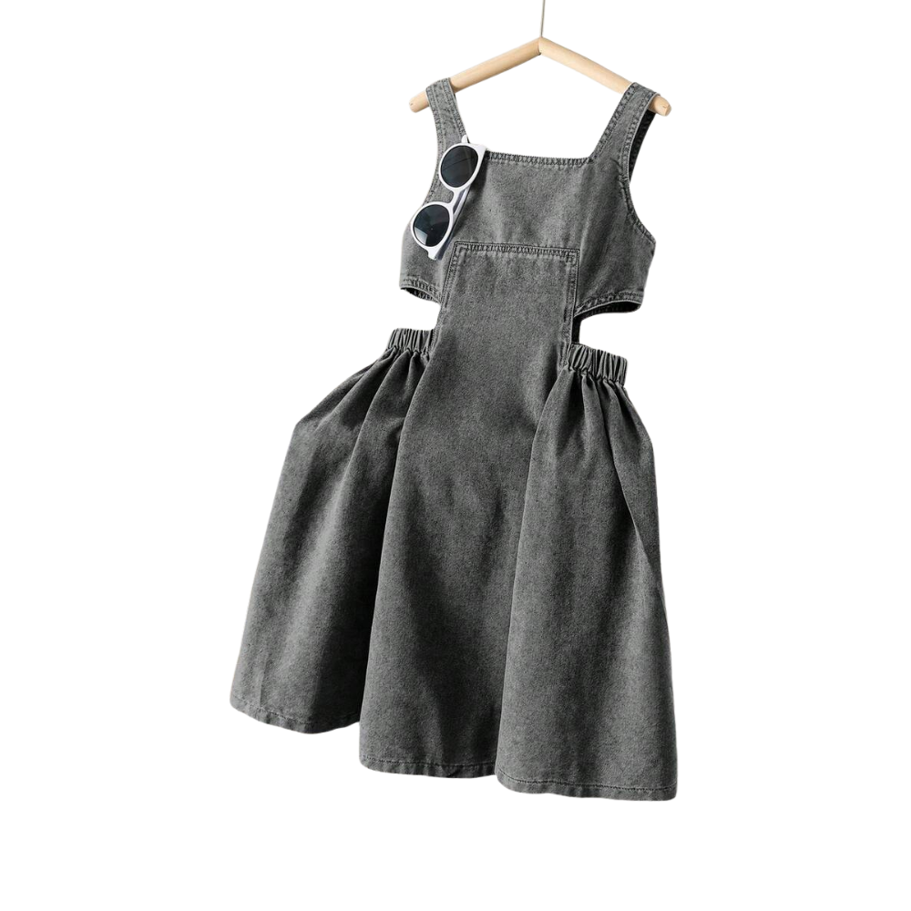 Denim Strap Princess Dress With Pocket And Flared Hem For Girls