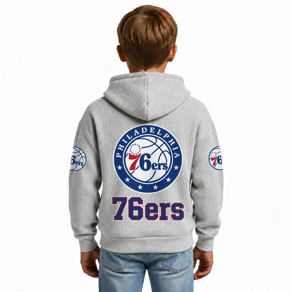 Philadelphia 76ers EST 1946 Printed Waffle Quarter Zip Basketball Fan Hoodie For Kids