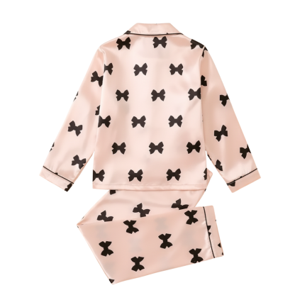 Long Sleeve Bowknot Print Pajama Set With Collar And Pants