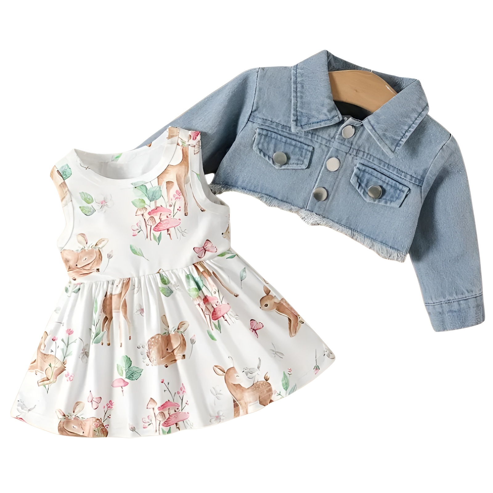 Girl Cartoon Print Vest Dress with and Short Denim Top Two Piece Set