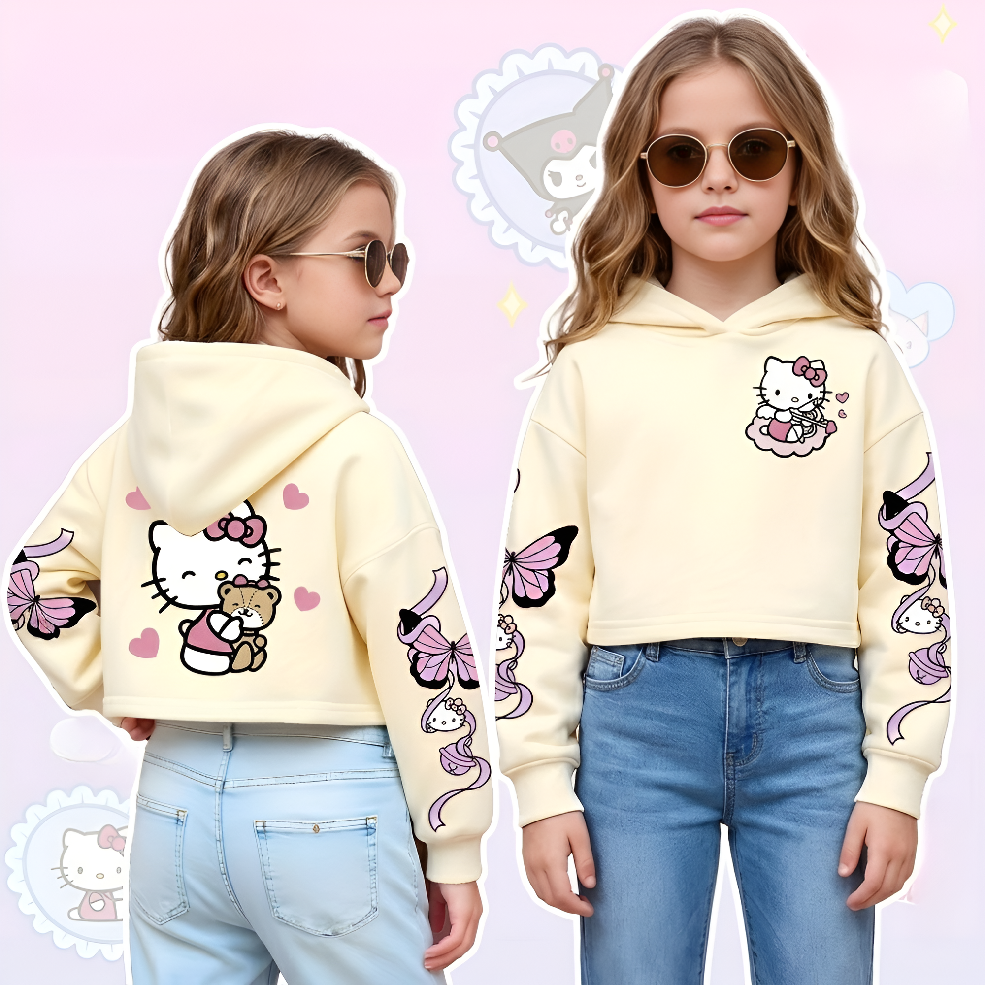 Hello Kitty Cartoon Print Hooded Sweatshirt For Girls Winter Wear