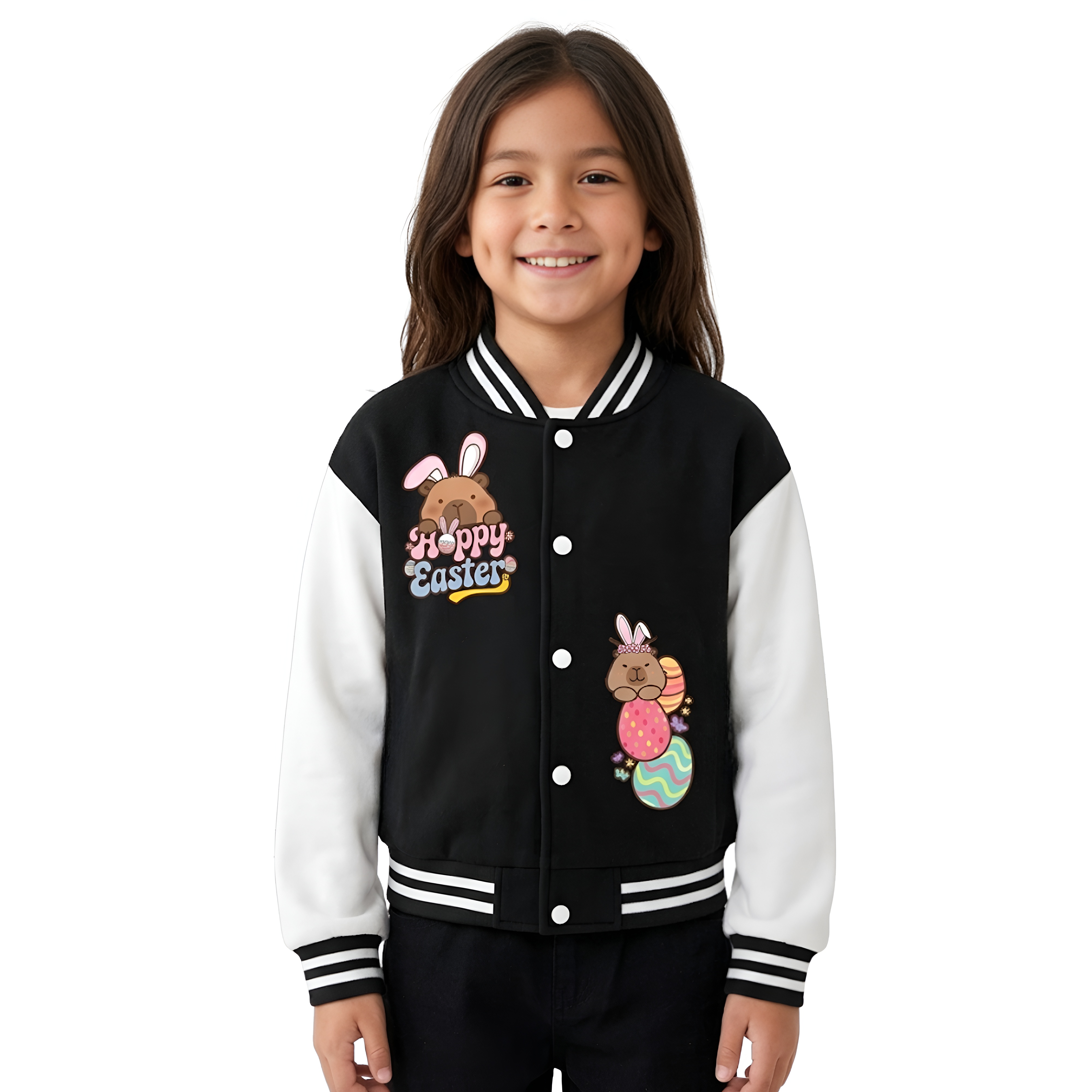 Capybara Inspired Baseball Jacket With Happy Easter Printed For Girls