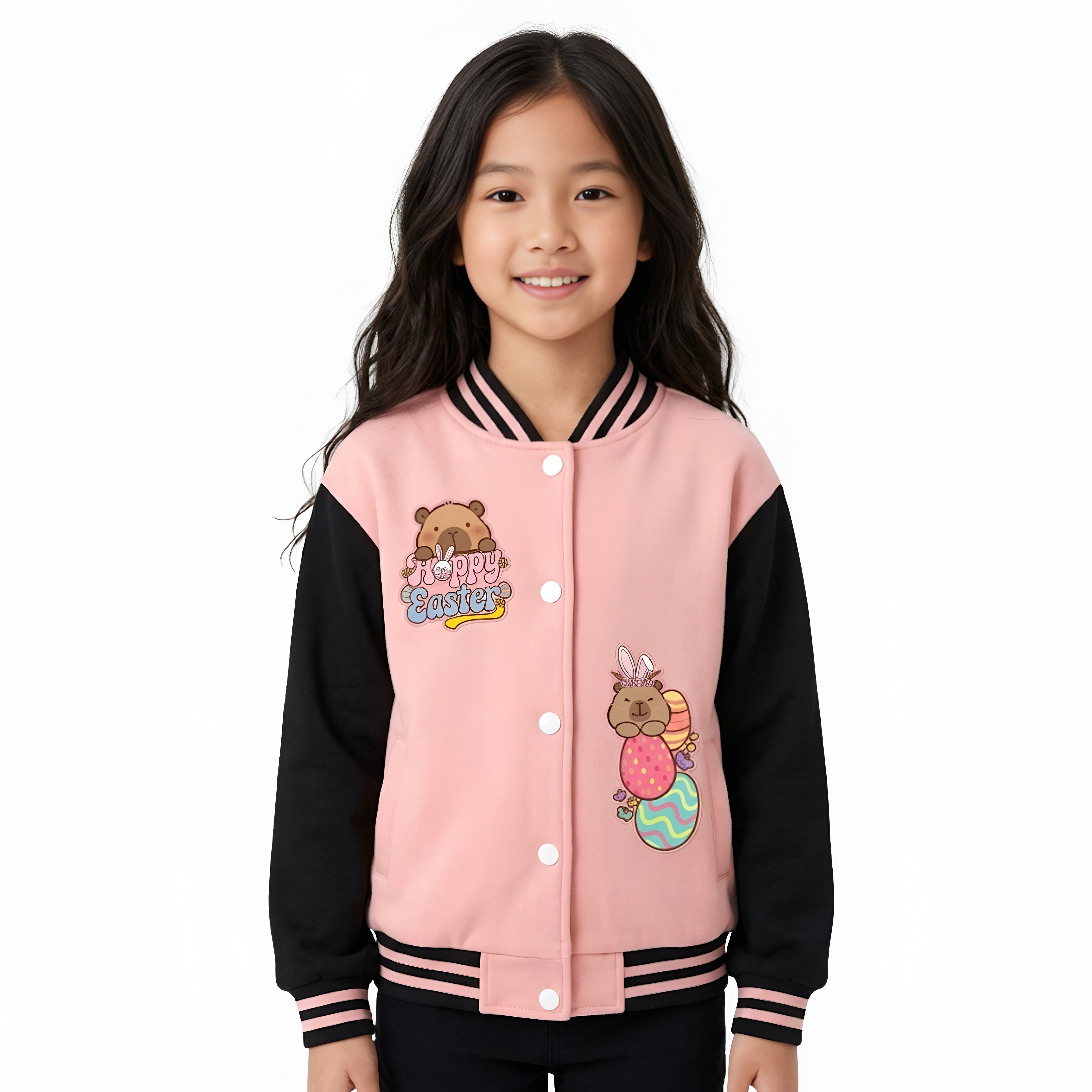 Capybara Inspired Baseball Jacket With Happy Easter Printed For Girls