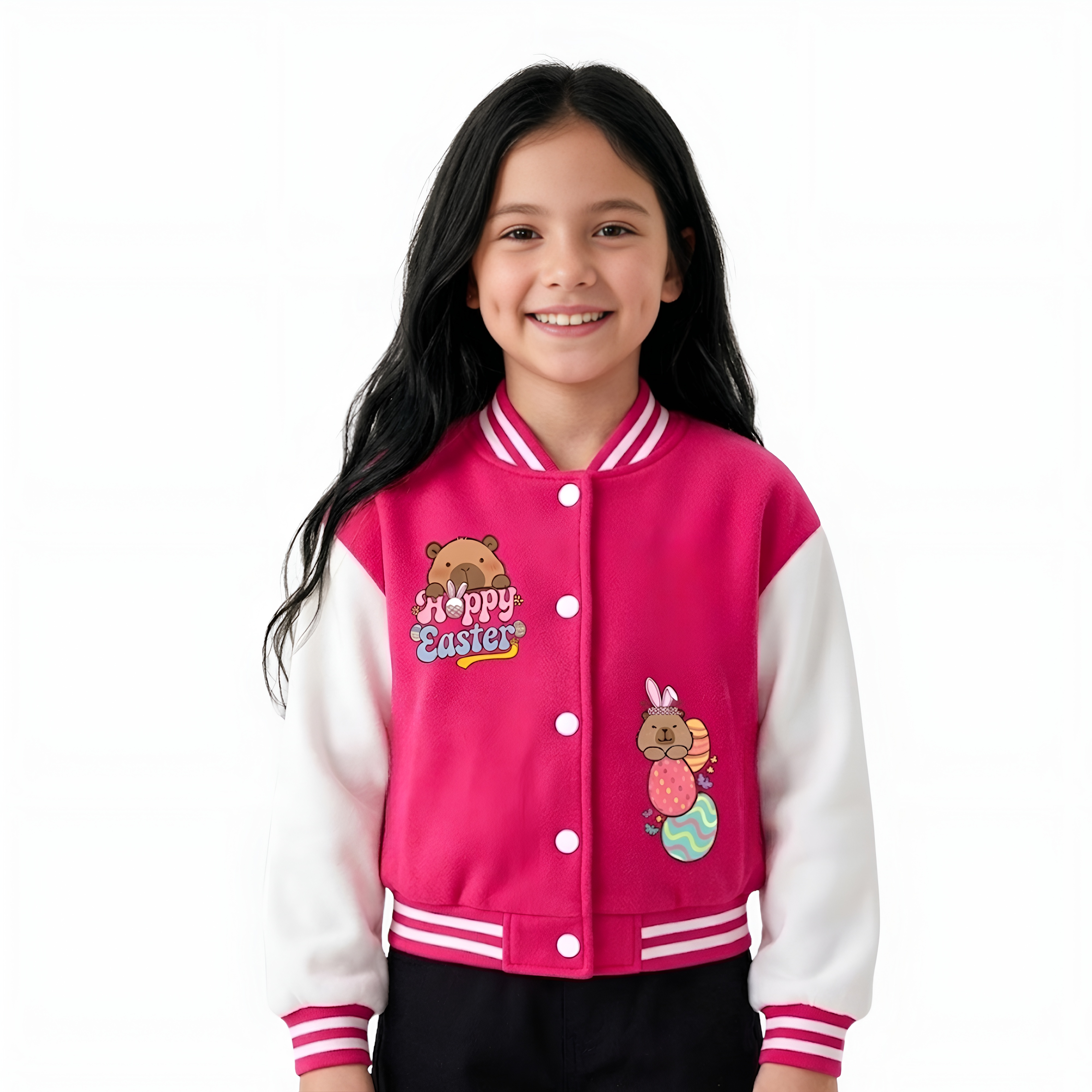 Capybara Inspired Baseball Jacket With Happy Easter Printed For Girls